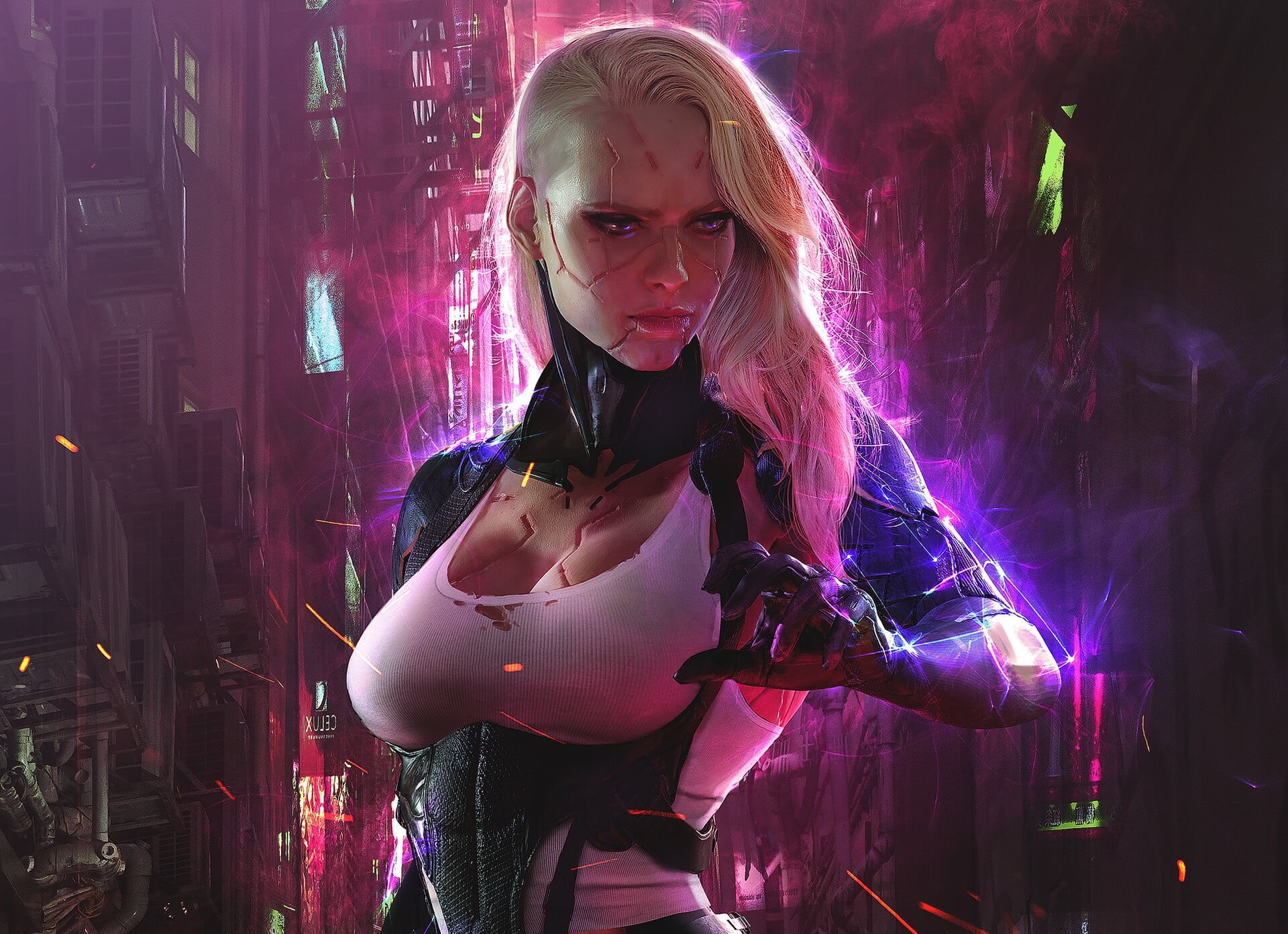 blonde, cyborg, women, fantasy girl, futuristic, cyberpunk, artwork, fantasy art, purple eyes, 1080P, digital art, science fiction, HD Wallpaper