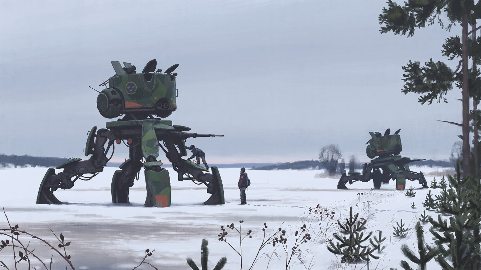 day, land, field, artwork, plant, sky, Simon Stålenhag, green, 1080P, illustration, scenics - nature, no people, covering, white color, winter, non-urban scene, HD Wallpaper