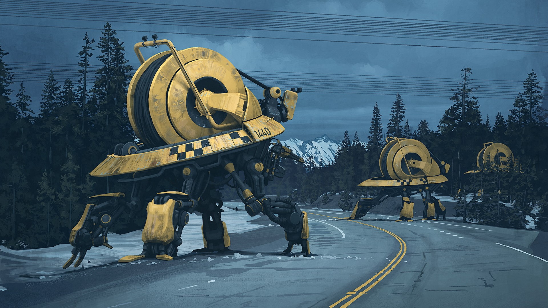 Simon Stålenhag, digital painting, cyberpunk, yellow, science fiction, road, machine, apocalyptic, futuristic, 1080P, HD Wallpaper
