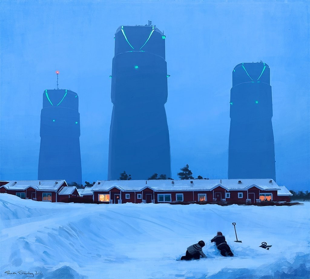 Simon Stålenhag, built structure, covering, nature, snow, day, 480P, frozen, science fiction, no people, sky, building exterior, building, winter, artwork, HD Wallpaper