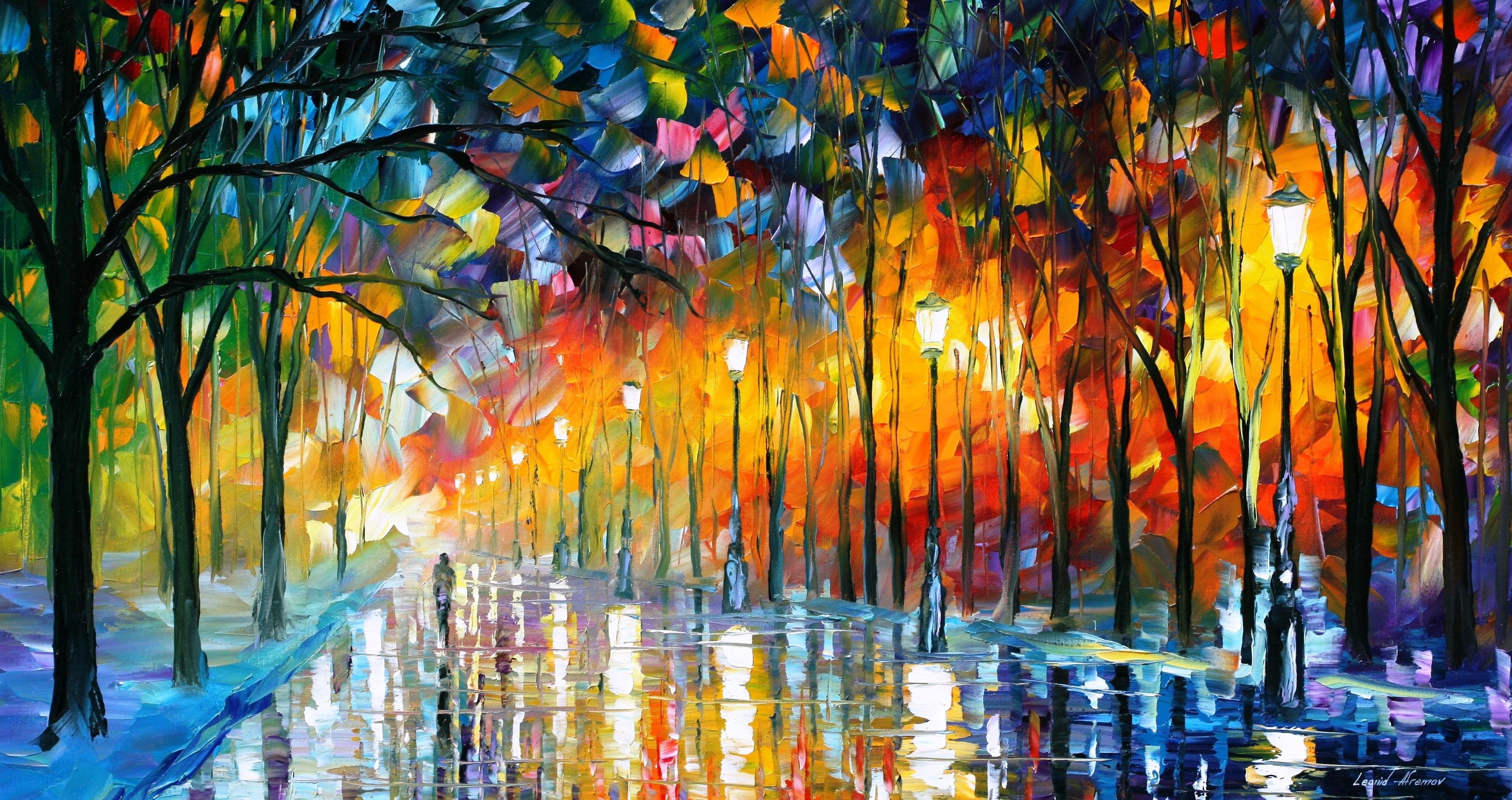 art, afremov, oil, painting, tree, magic, light, 2K, artist, leonid, color, HD Wallpaper