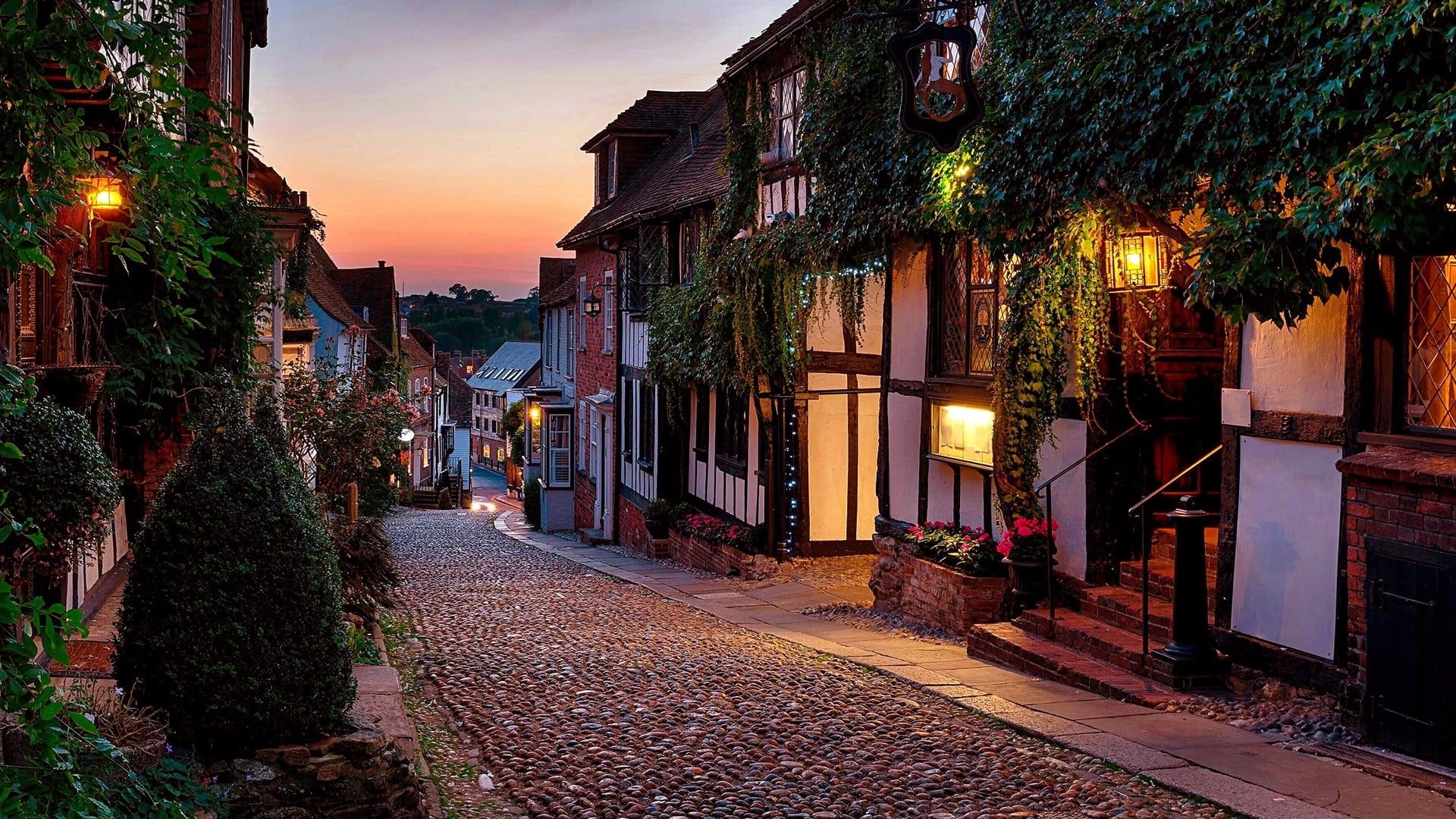 evening, dusk, nature, night, building exterior, tree, lighting, rye, architecture, building, sunset, great britain, east sussex, europe, united kingdom, HD Wallpaper