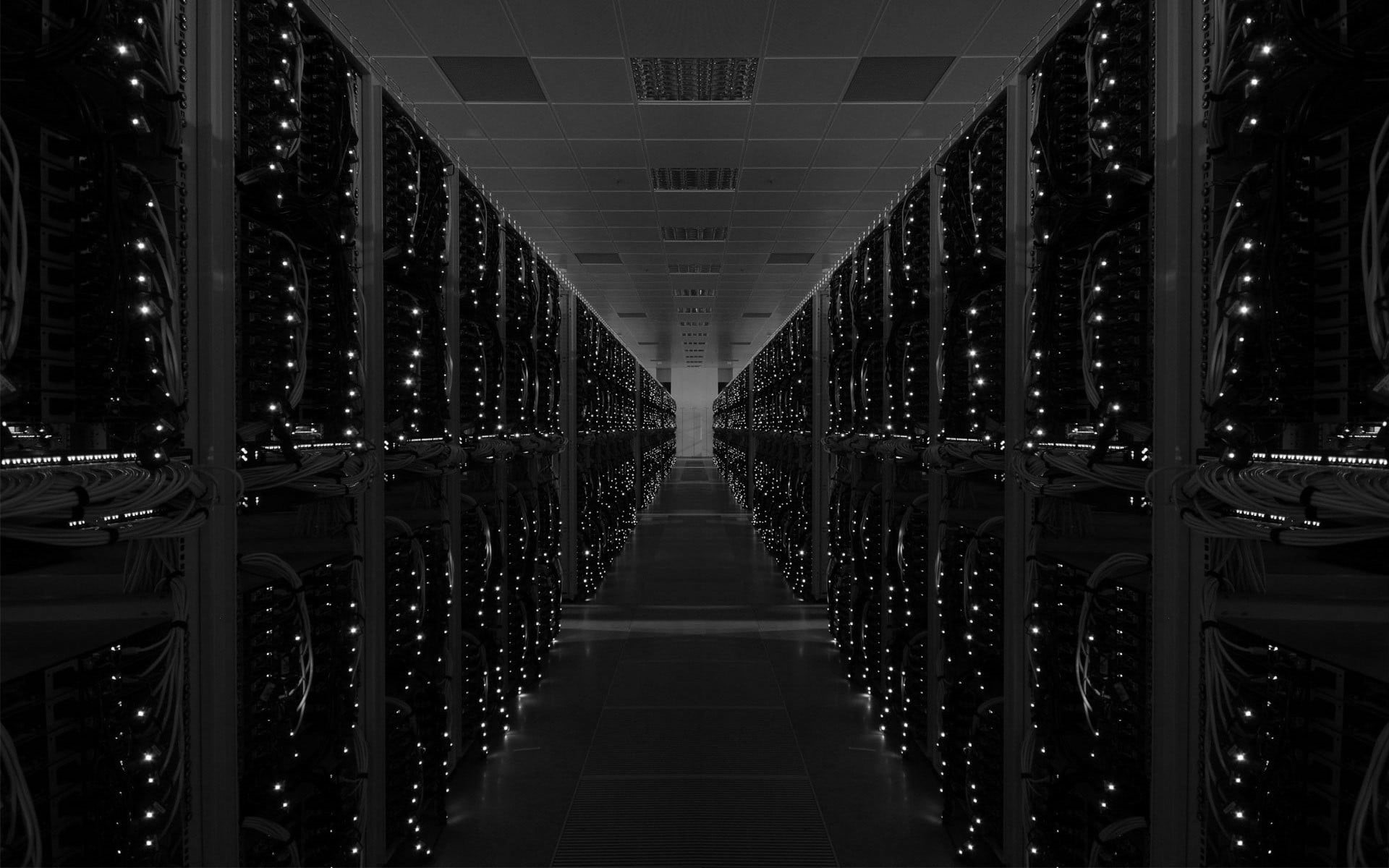 1080P, illuminated, in a row, building, diminishing perspective, alley, empty, geometry, hallway, technology, glowing, direction, architecture, connection, HD Wallpaper