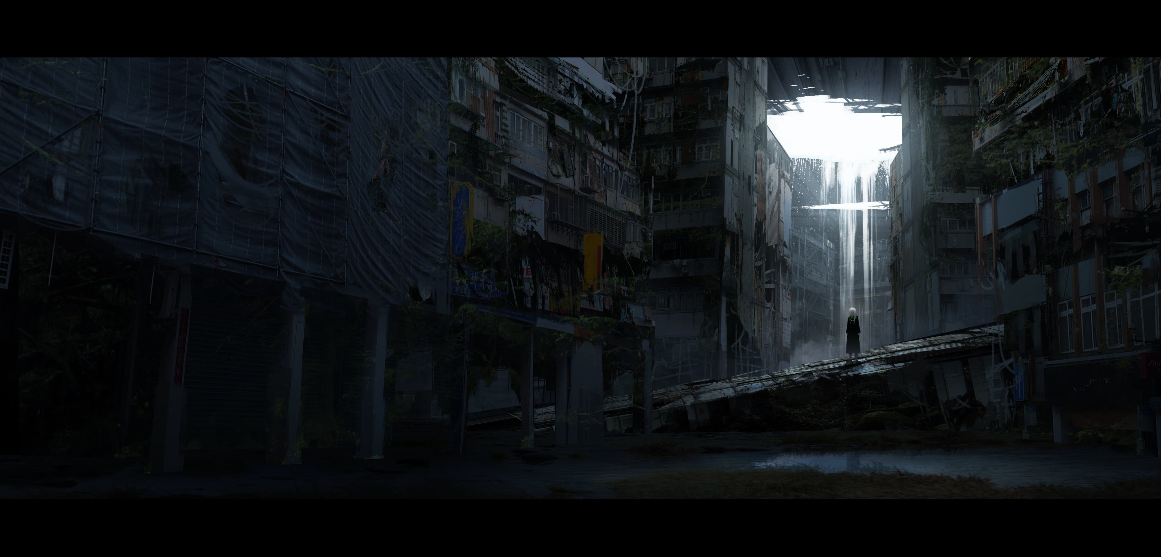 emotion, dark, outdoors, 4K, city, window, night, Anime: Gamers!, fear, street, built structure, wet, horror, anime, building, spooky, cityscape, no people, HD Wallpaper
