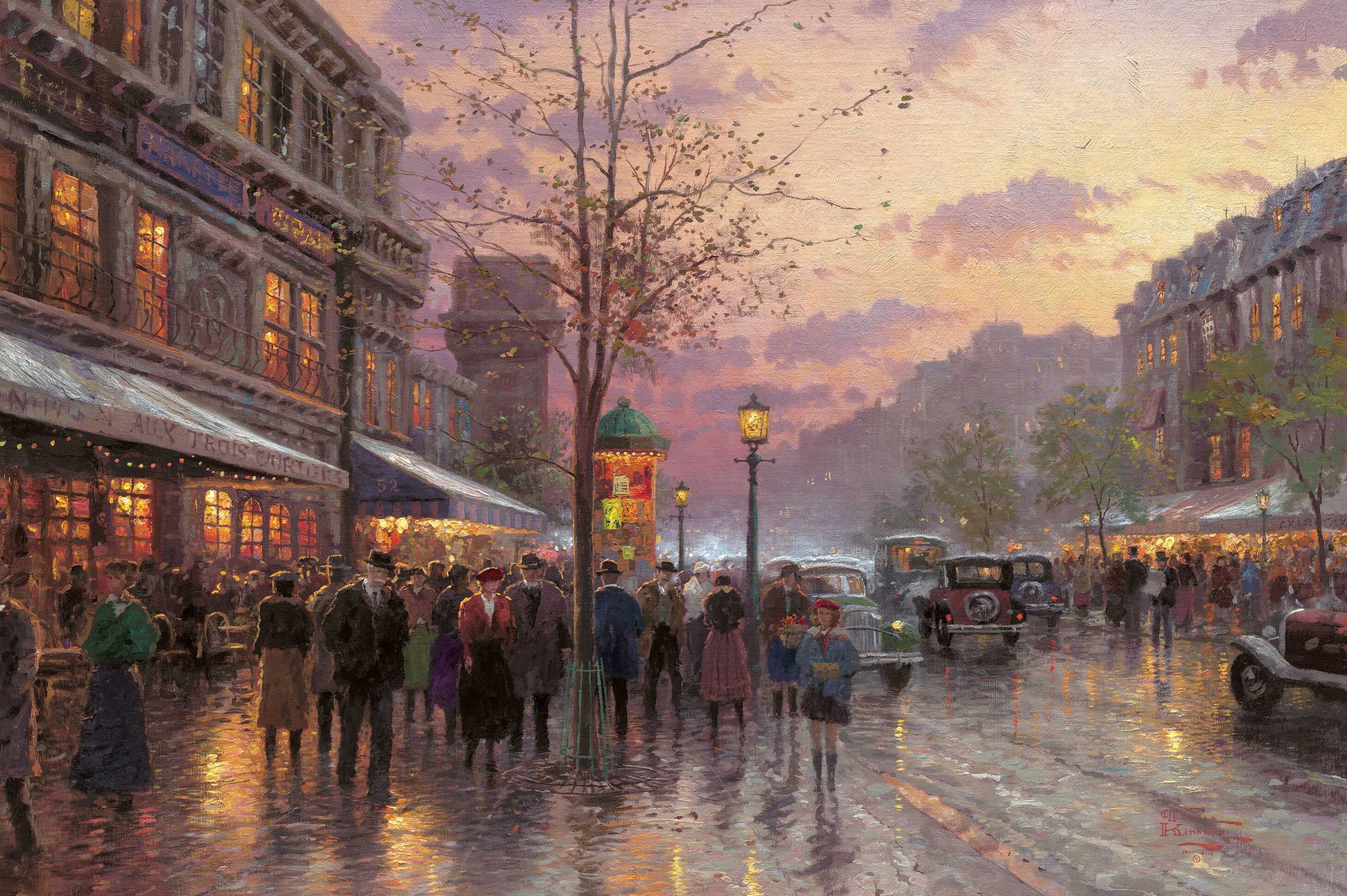 transportation, autumn, Thomas Kinkade, 2K, people, street, travel Destinations, tourist, plant, nature, architecture, night, urban Scene, built Structure, HD Wallpaper