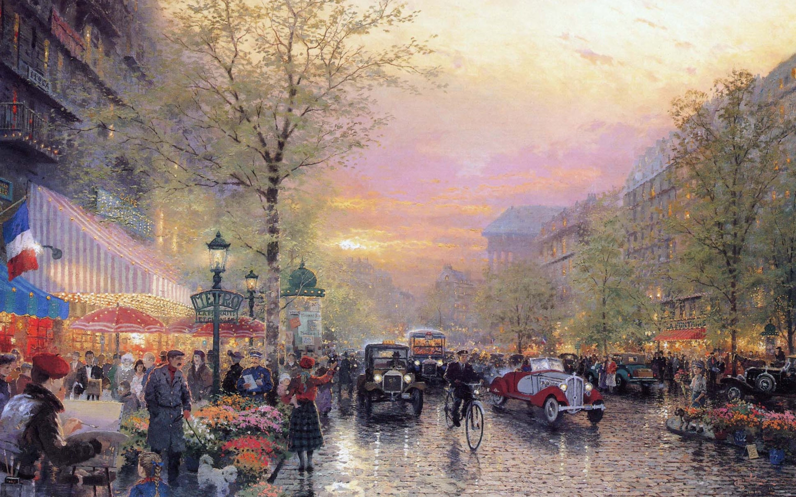 cars, Art Deco, the city, retro, flowers, Art-Deco, lights, city, The Boulevard des Lumieres at Dusk, France, painting, Boulevard, art, 2K, machine, index, HD Wallpaper