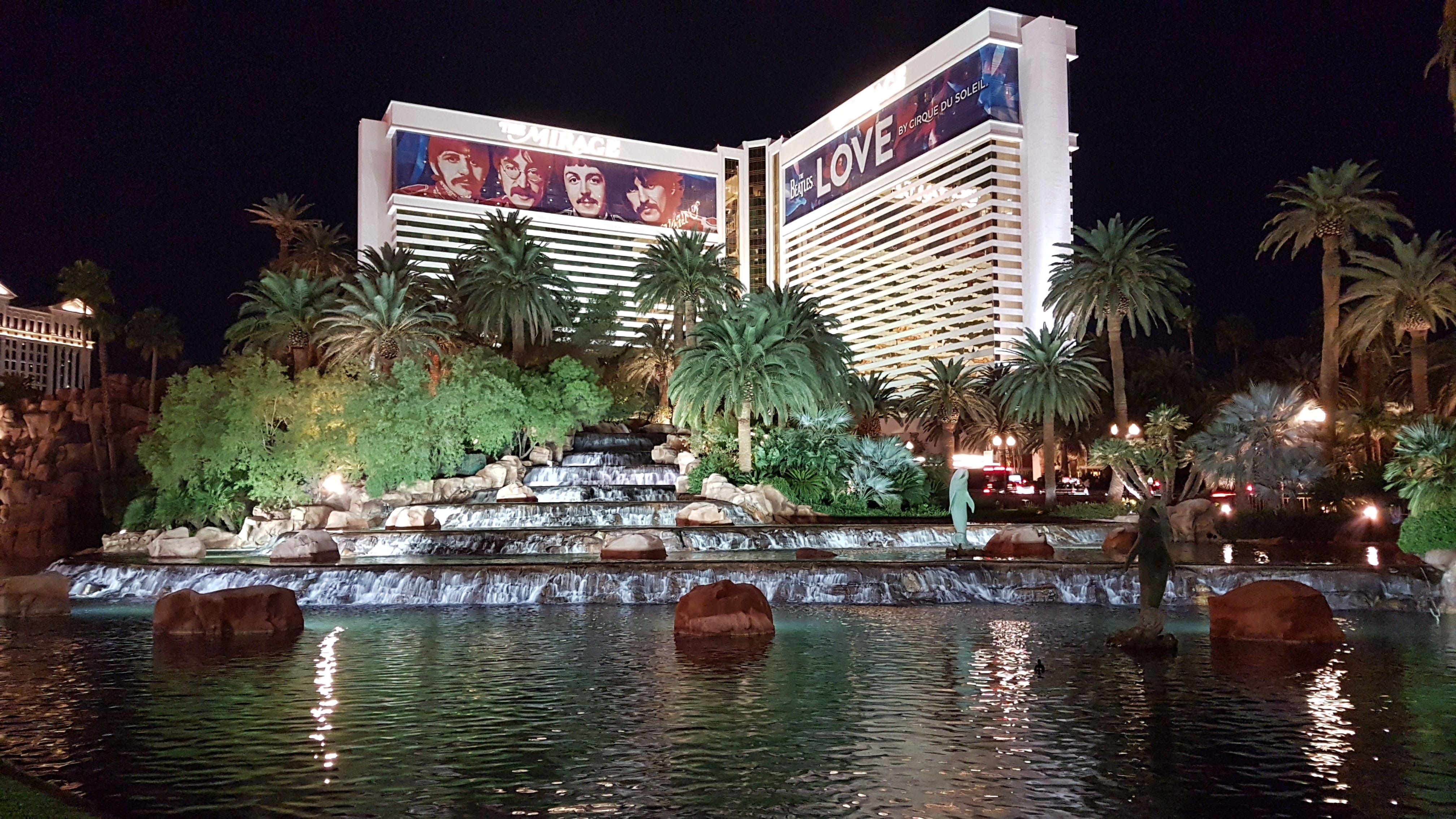 city, plant, reflection, holiday, 4K, mirage, outdoors, Casino, building, waterfront, Las, palm tree, lake, night, Vegas, nature, no people, landmark, HD Wallpaper