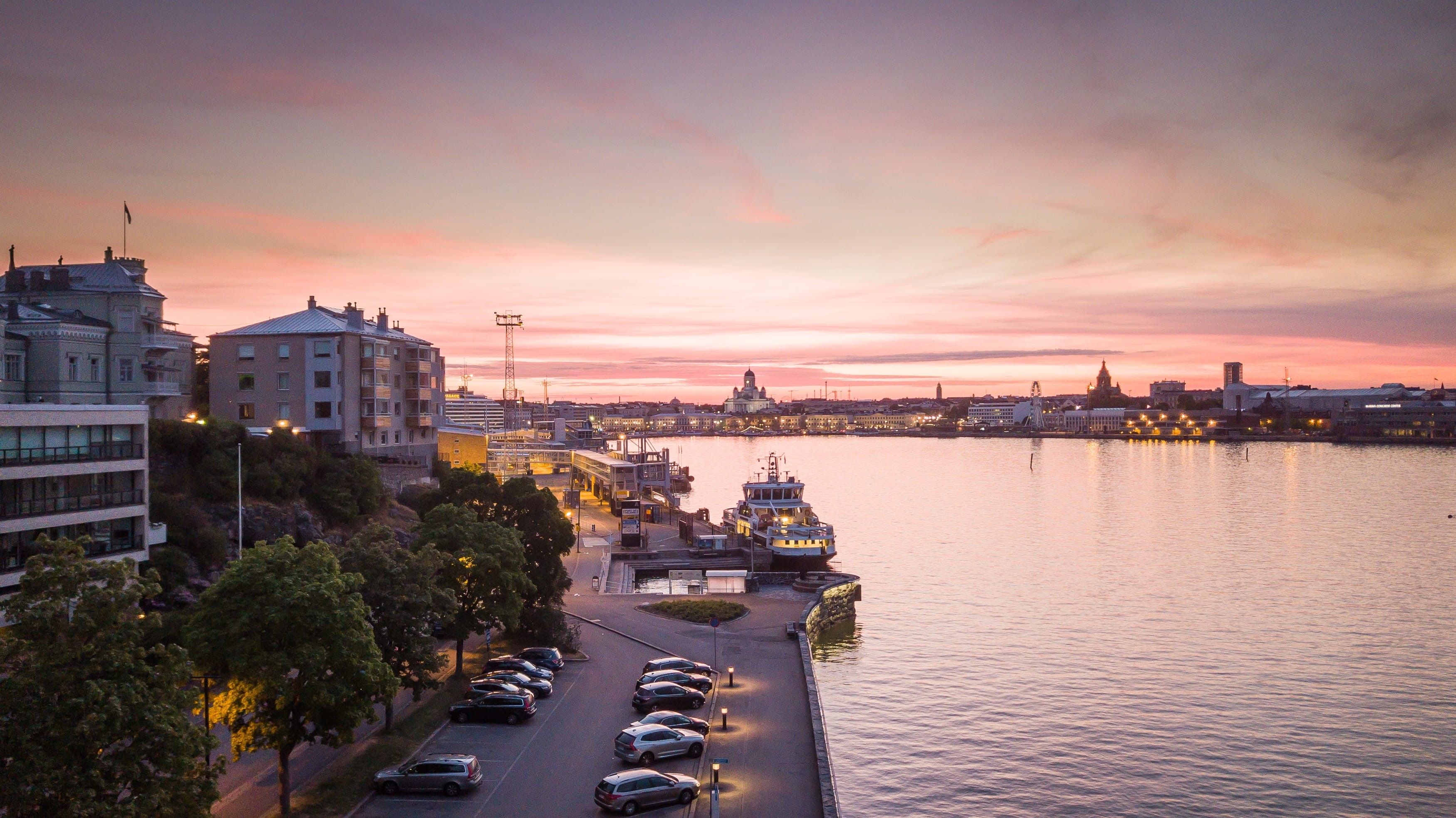 uusimaa, mode of transportation, car, outdoors, sunset, building, dusk, drone, transportation, nautical vessel, water, nordic countries, 2K, aerial view, HD Wallpaper