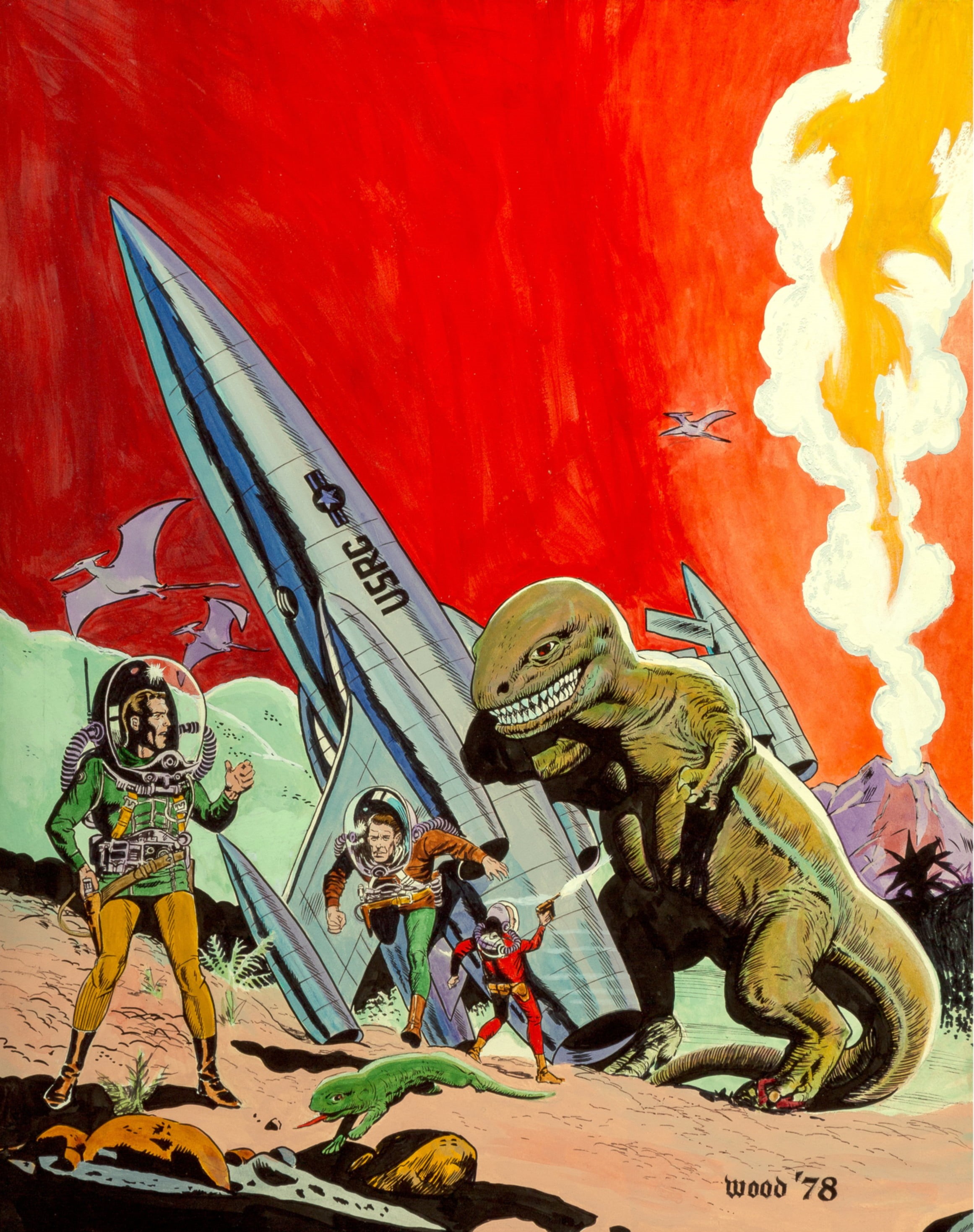 2K, Pulp Magazine, science fiction, Wallace (Wally) Wood, Bubble Helmet, dinosaurs, rocket, retro science fiction, Phone HD Wallpaper