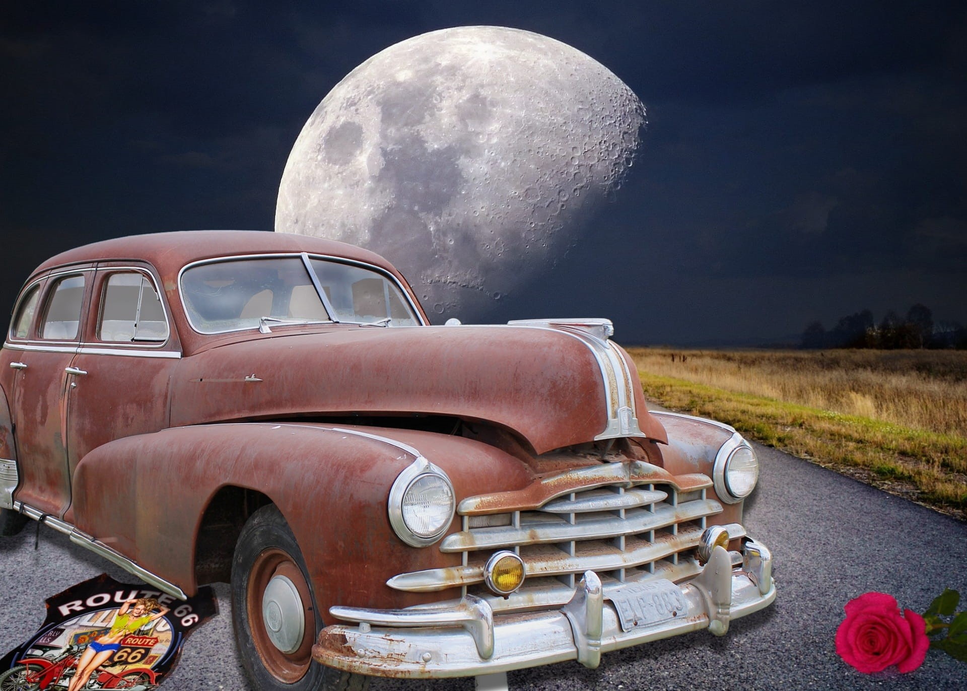 earths moon, evening, color nuances, motor vehicle, red rose, moonrise, historically, sedan, abandoned, 1080P, super moon, metal, abendstimmung, mode of transportation, HD Wallpaper