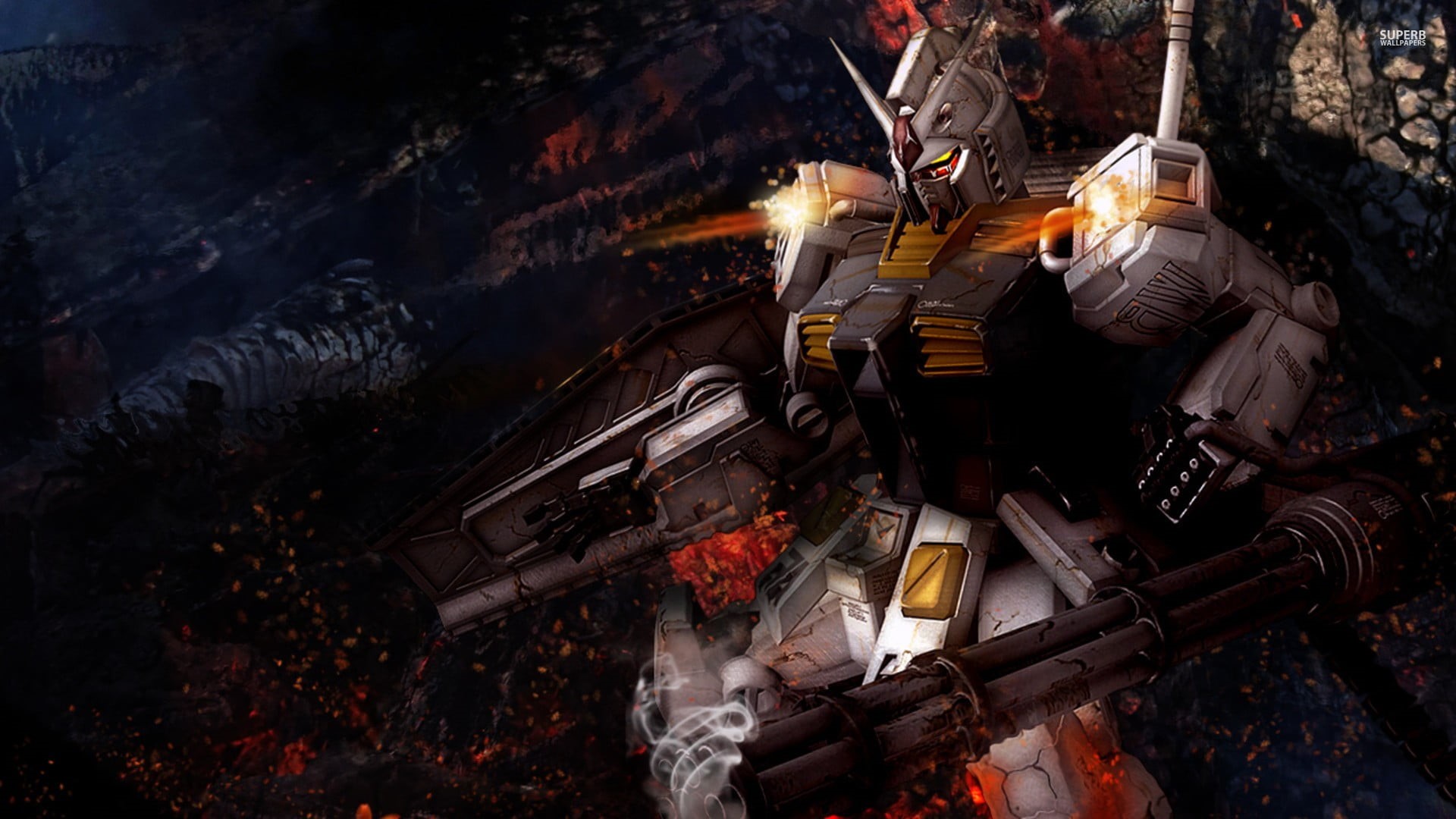 machinery, large group of objects, Mobile Suit Gundam, anime, smoke - physical structure, war, editorial, night, metal, heat - temperature, built structure, HD Wallpaper