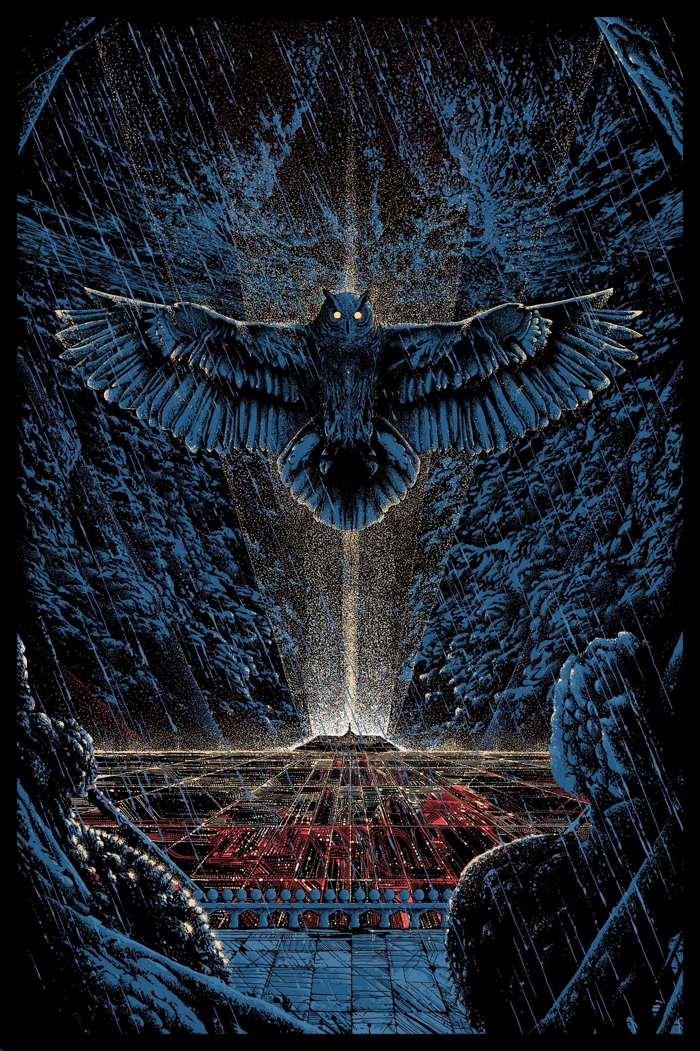 architecture, blue, pattern, illustration, owl, red, low angle view, wings, auto post production filter, 1080P, science fiction, digital composite, day, Phone HD Wallpaper
