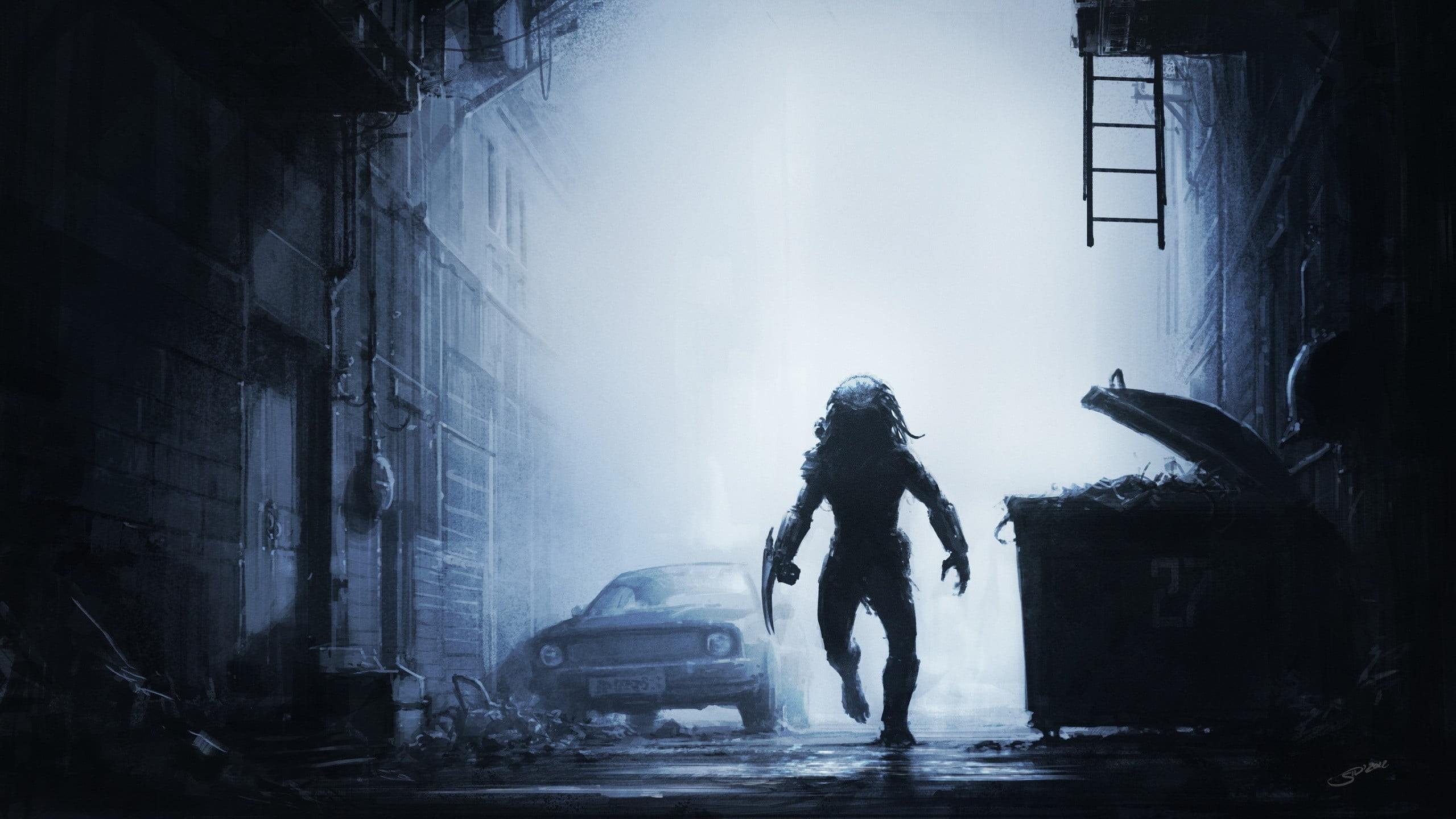 silhouette, one person, built structure, wet, artwork, standing, real people, 1080P, illustration, men, science fiction, alley, street, city, wall - building feature, HD Wallpaper