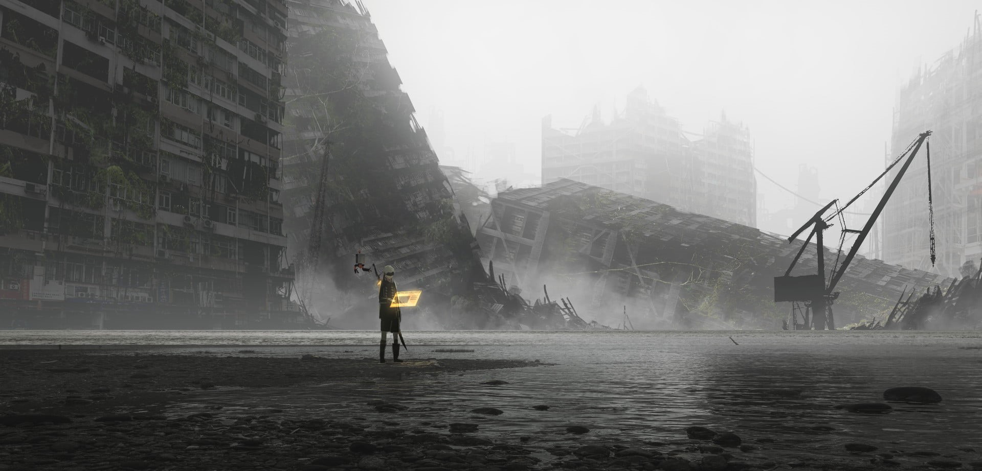 building, minimalism, android games, fan art, Nier: Automata, games art, male models, outdoors, real people, fog, building exterior, cyber, nature, water, HD Wallpaper