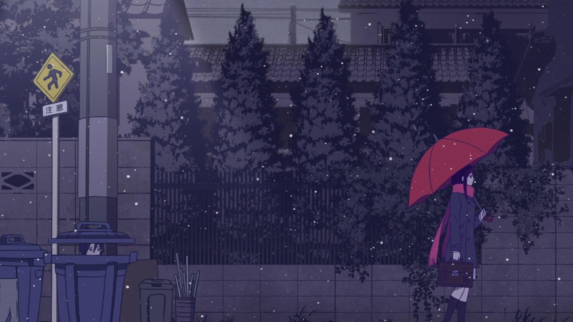 rain, night, protection, Yato (Noragami), cold temperature, city, Iki Hiyori, wet, building exterior, anime girls, outdoors, nature, umbrella, snowing, HD Wallpaper