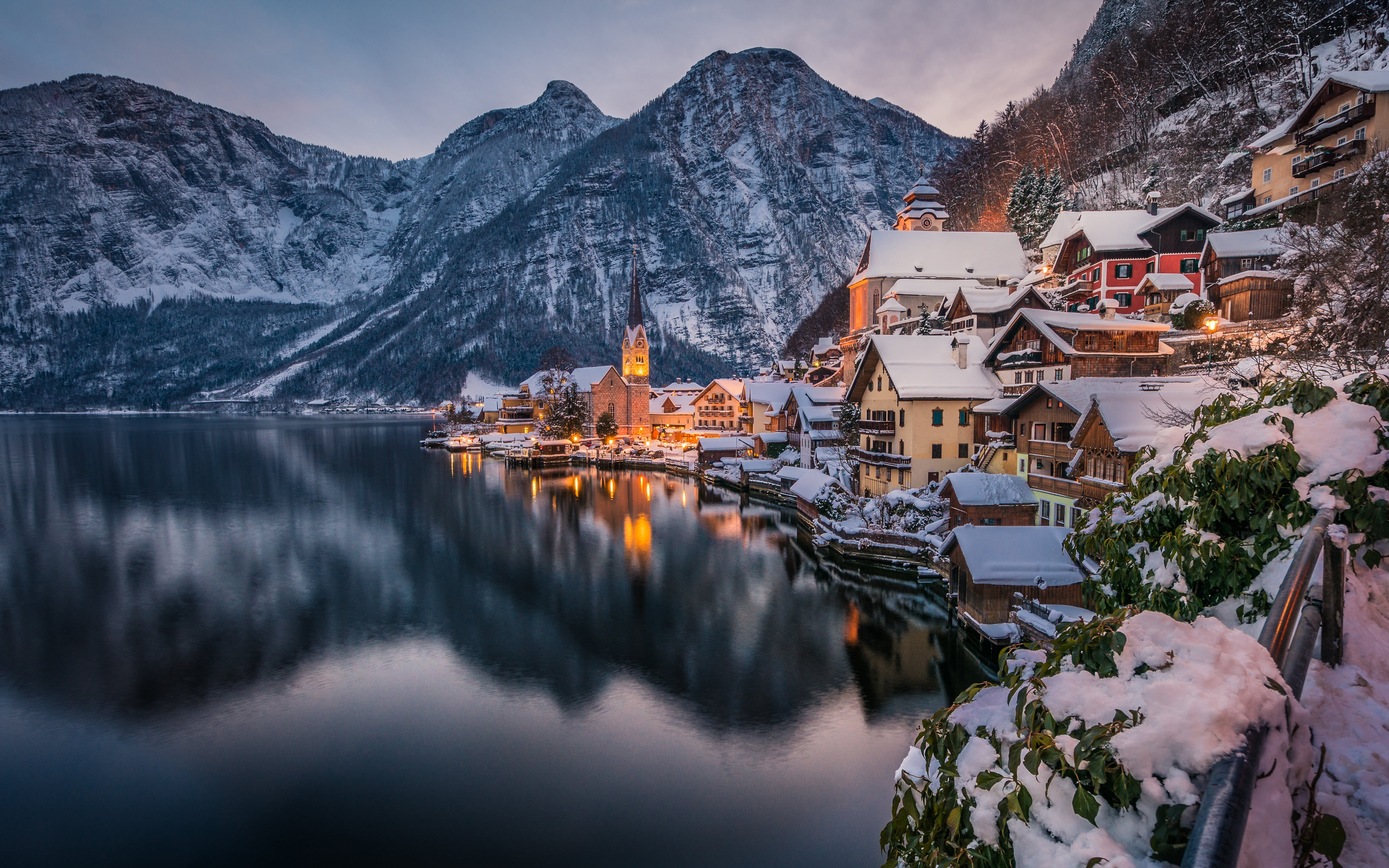 5K, Mountain, Hallstatt, Winter, Towns, Lake, Austria, Town, HD Wallpaper