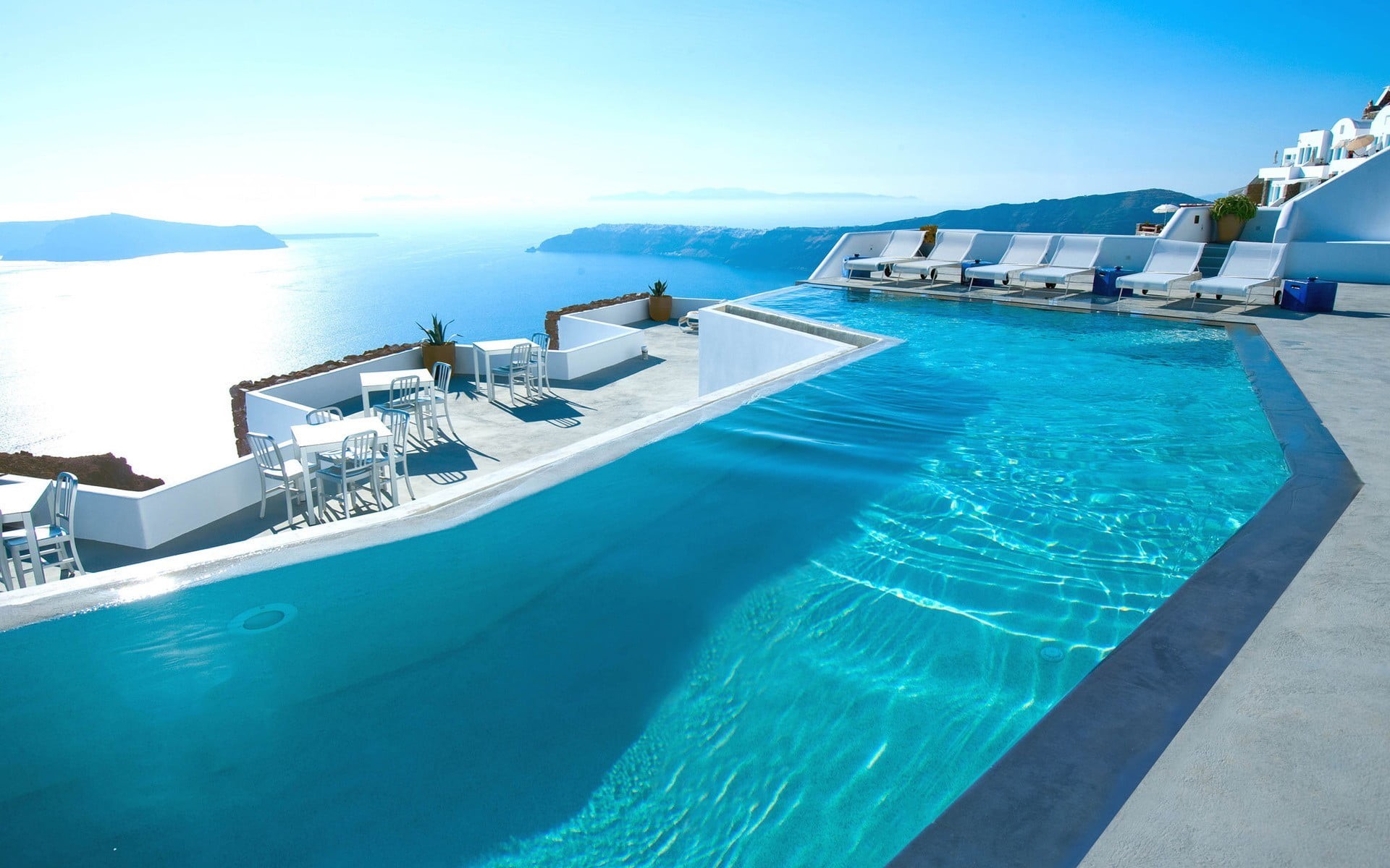 blue, mountains, sky, wealth, travel destinations, water, chair, no people, transportation, infinity, 1080P, nautical vessel, pool, day, turquoise colored, HD Wallpaper