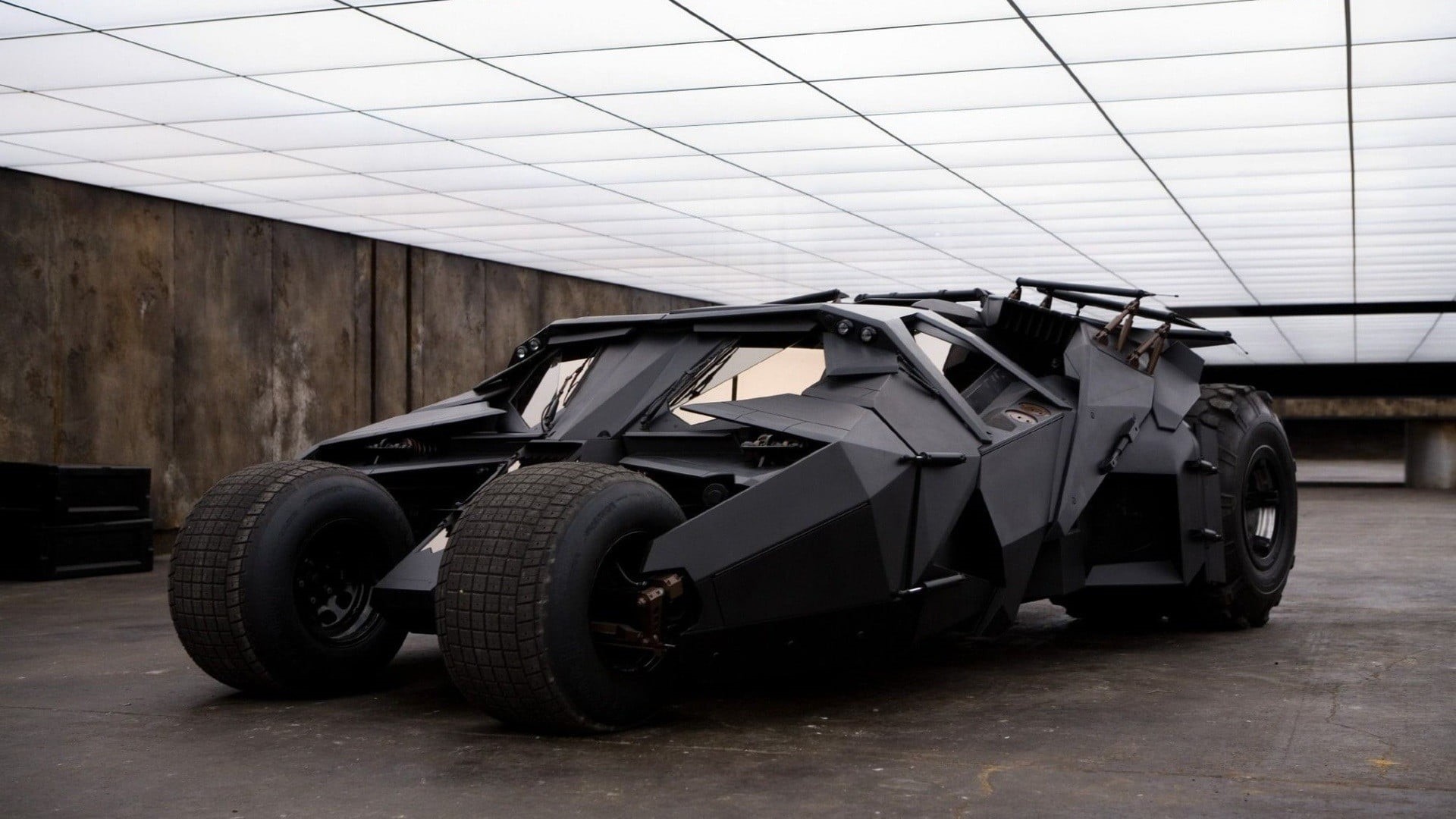 indoors, Batmobile, movies, industry, car, built structure, garage, tire, auto repair shop, 1080P, architecture, truck, stationary, The Dark Knight, day, HD Wallpaper