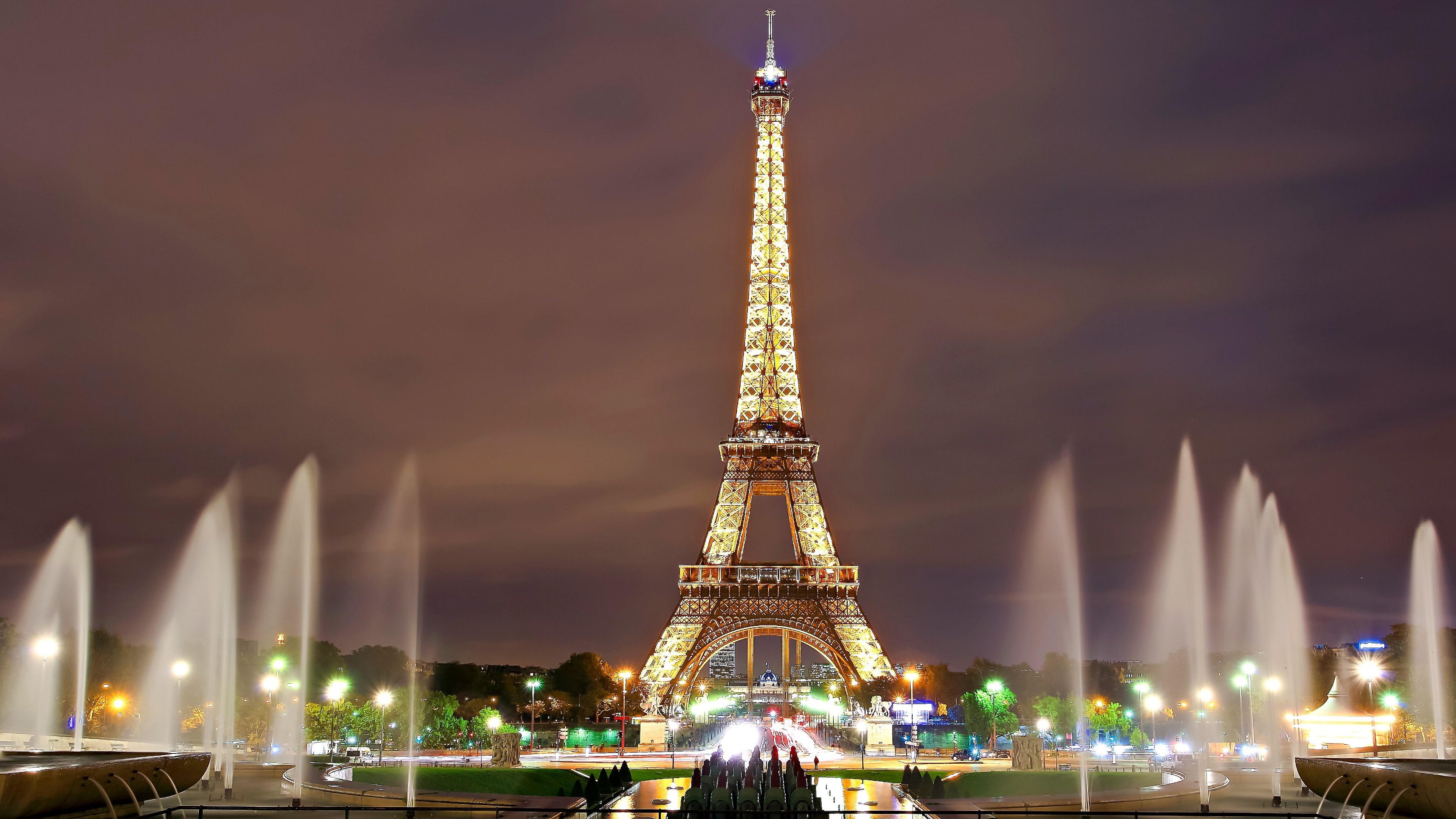 4K, landmark, paris, metropolis, europe, sky, cityscape, trocadero fountains, eiffel tower, night, france, evening, tourist attraction, fountain, tower, HD Wallpaper