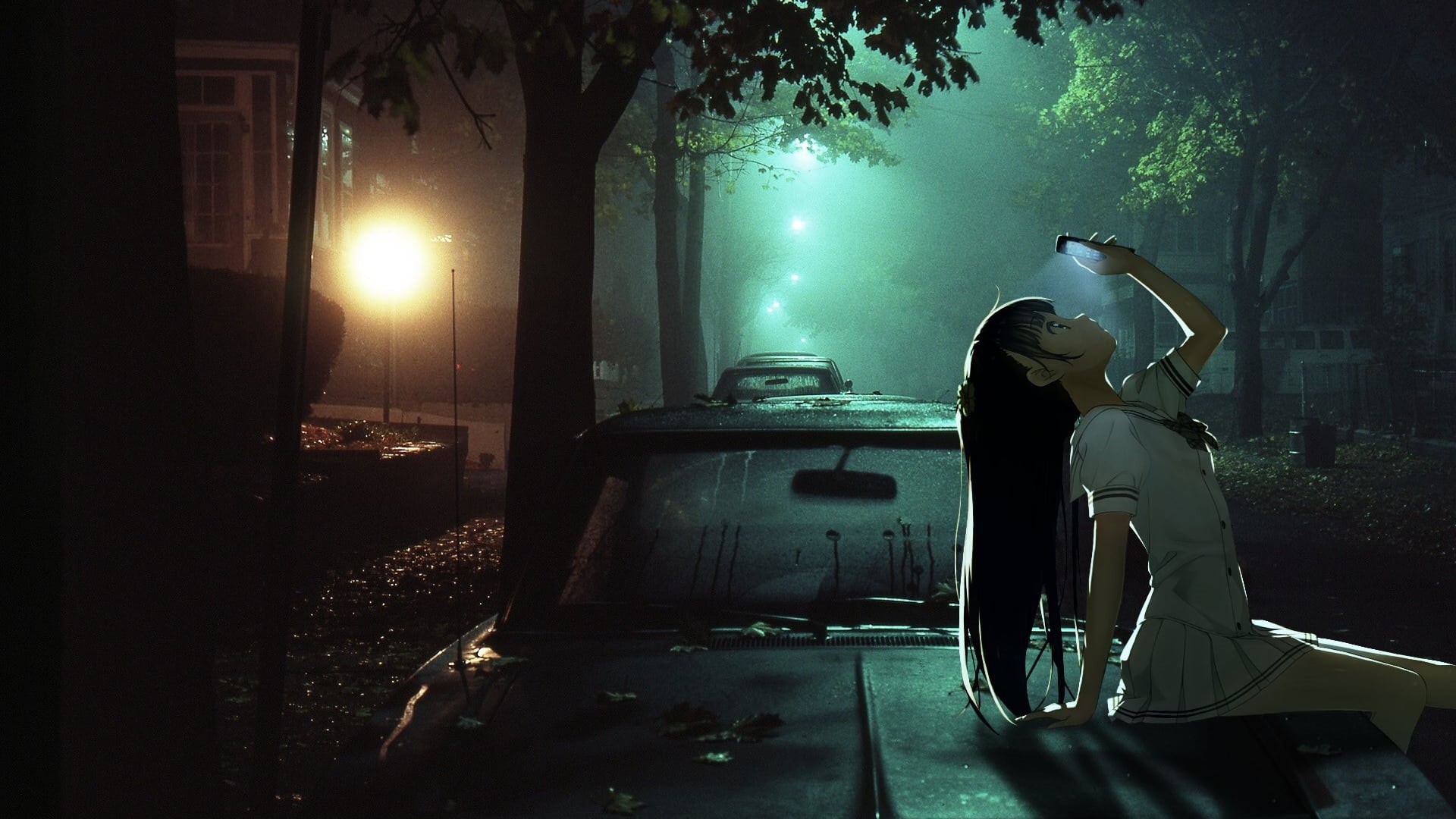 full length, mode of transportation, street, phone, people, Kantoku, transportation, anime, women, motor vehicle, real people, girl, tree, 1080P, sitting, HD Wallpaper