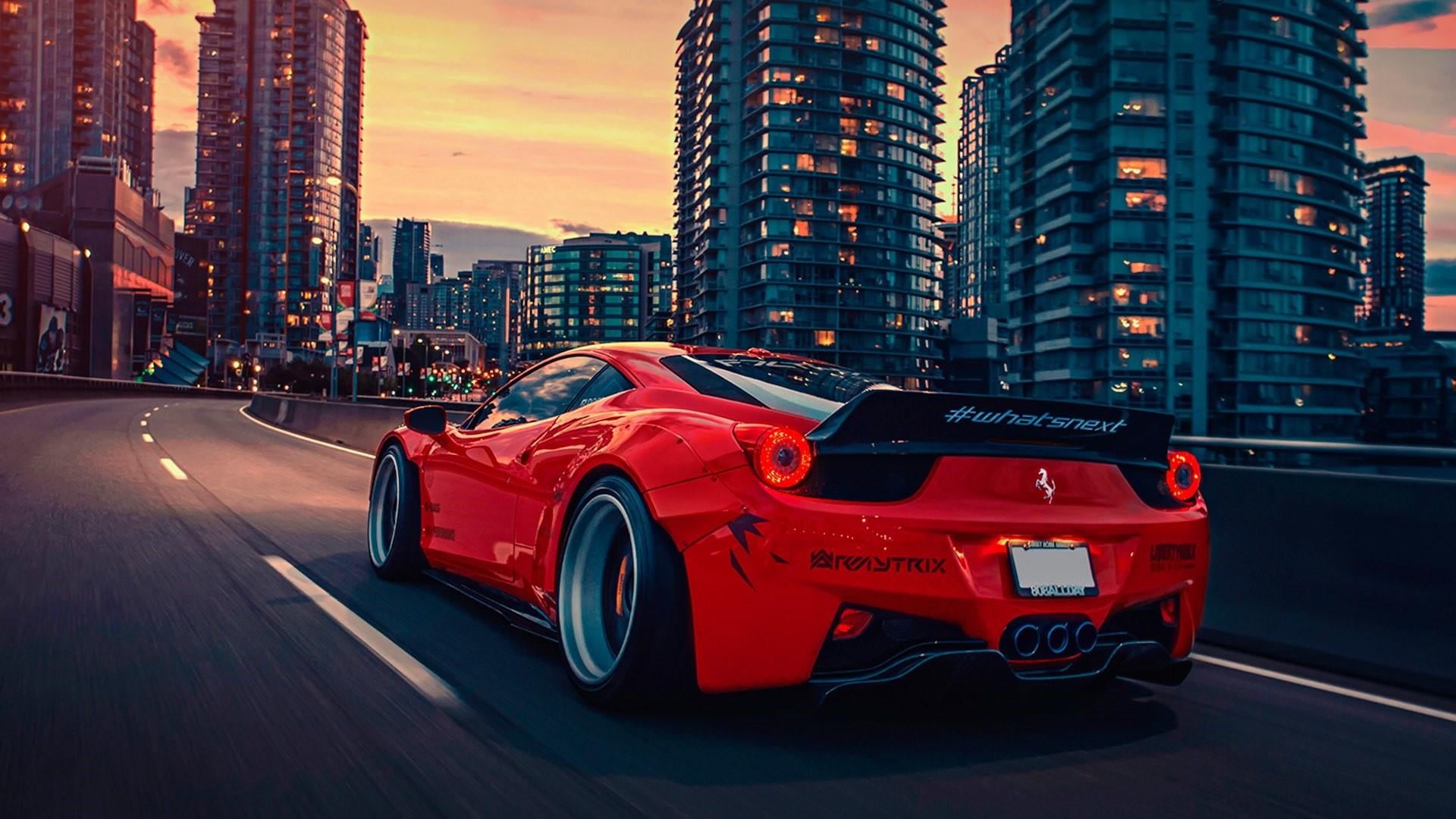 luxury vehicle, sports car, transportation, ferrari 458, city, ferrari, motion, red, race car, sky, car, city street, red car, mode of transportation, vehicle, HD Wallpaper