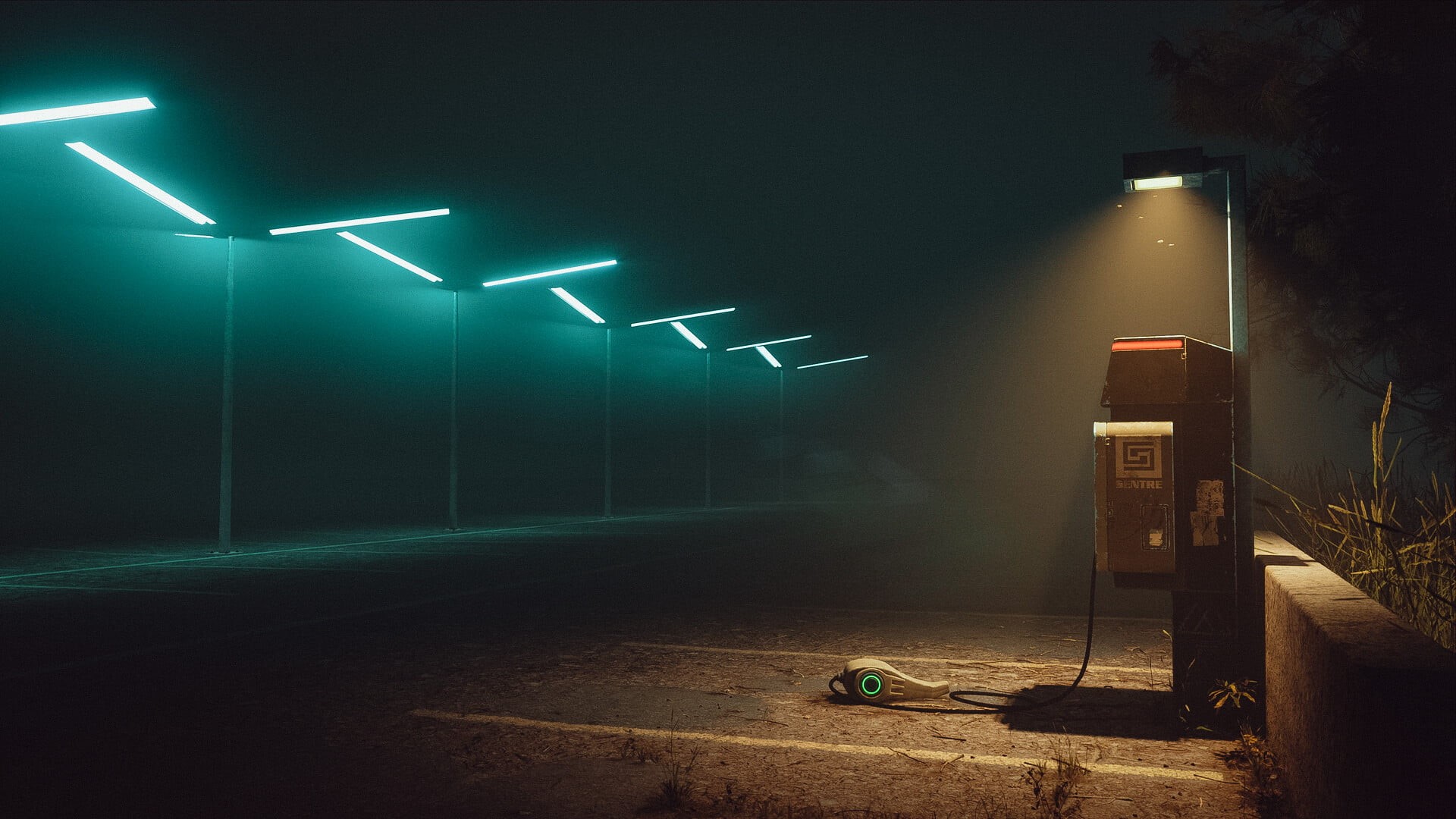 1080P, dark, electricity, cyberpunk, lights, Simon Stålenhag, HD Wallpaper
