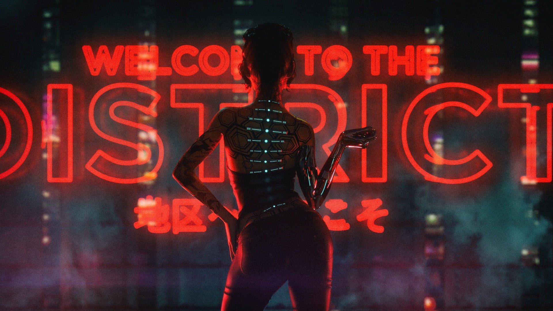 architecture, adult, illuminated, three quarter length, city, night, artwork, dark, western script, cyberpunk, city life, women, David Legnon, text, rear view, HD Wallpaper