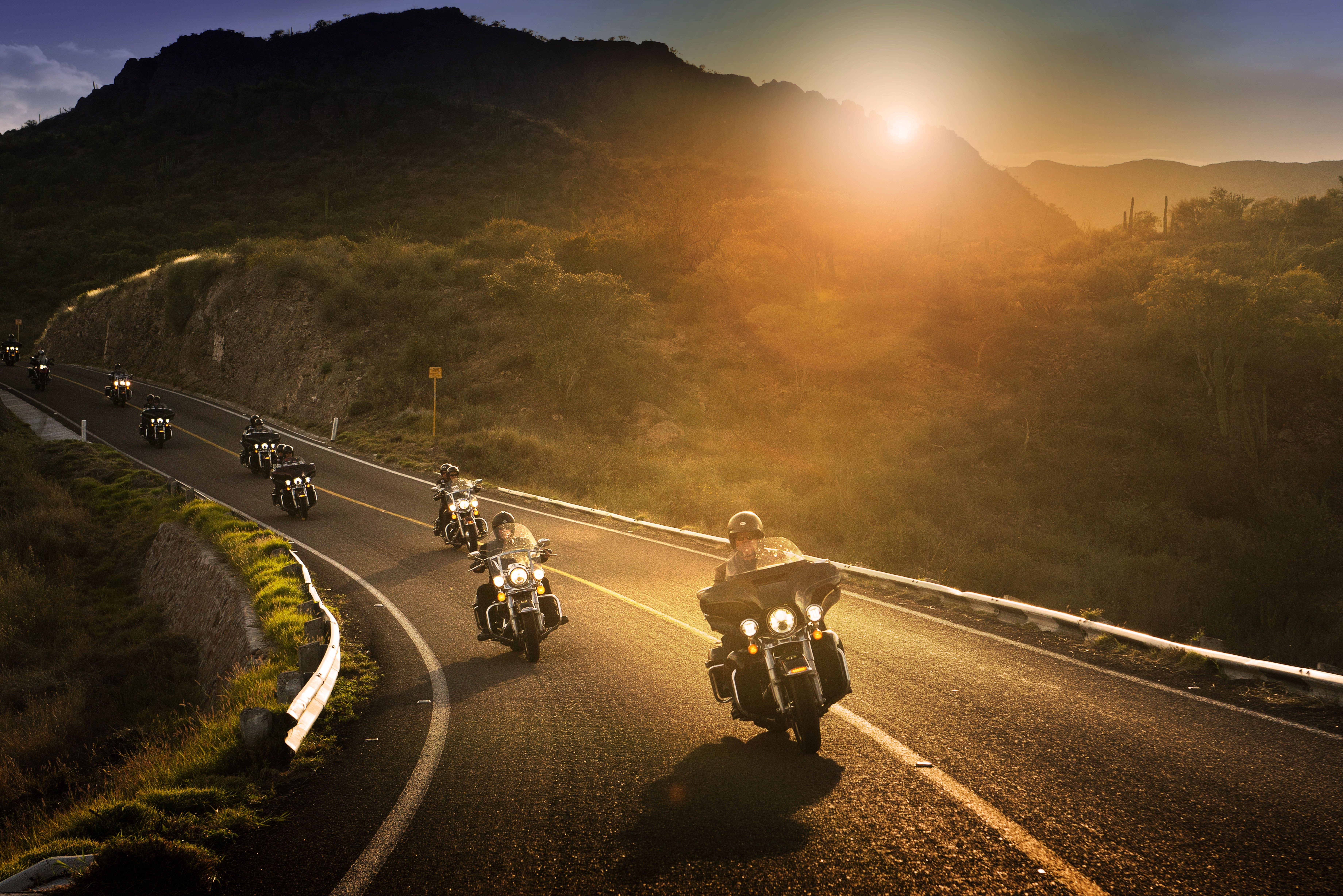 sky, harley davidson, motion, street, group of people, 5K, crash helmet, sunset, nature, 4k, sports helmet, riding, mode of transportation, sign, outdoors, HD Wallpaper