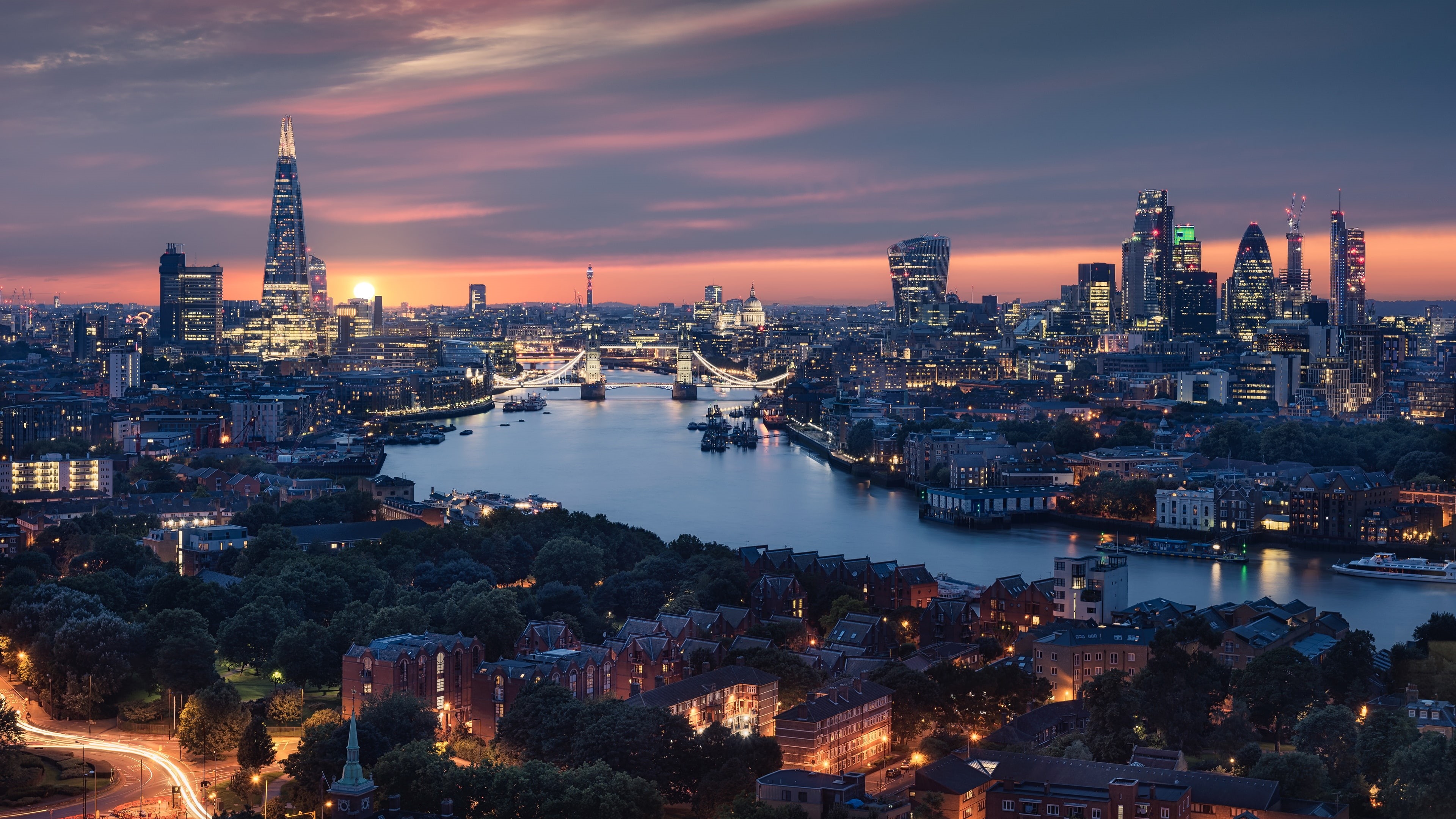 skyline, metropolis, united kingdom, cityscape, evening, dusk, europe, 4K, city, london, reflection, sky, waterway, sunset, HD Wallpaper
