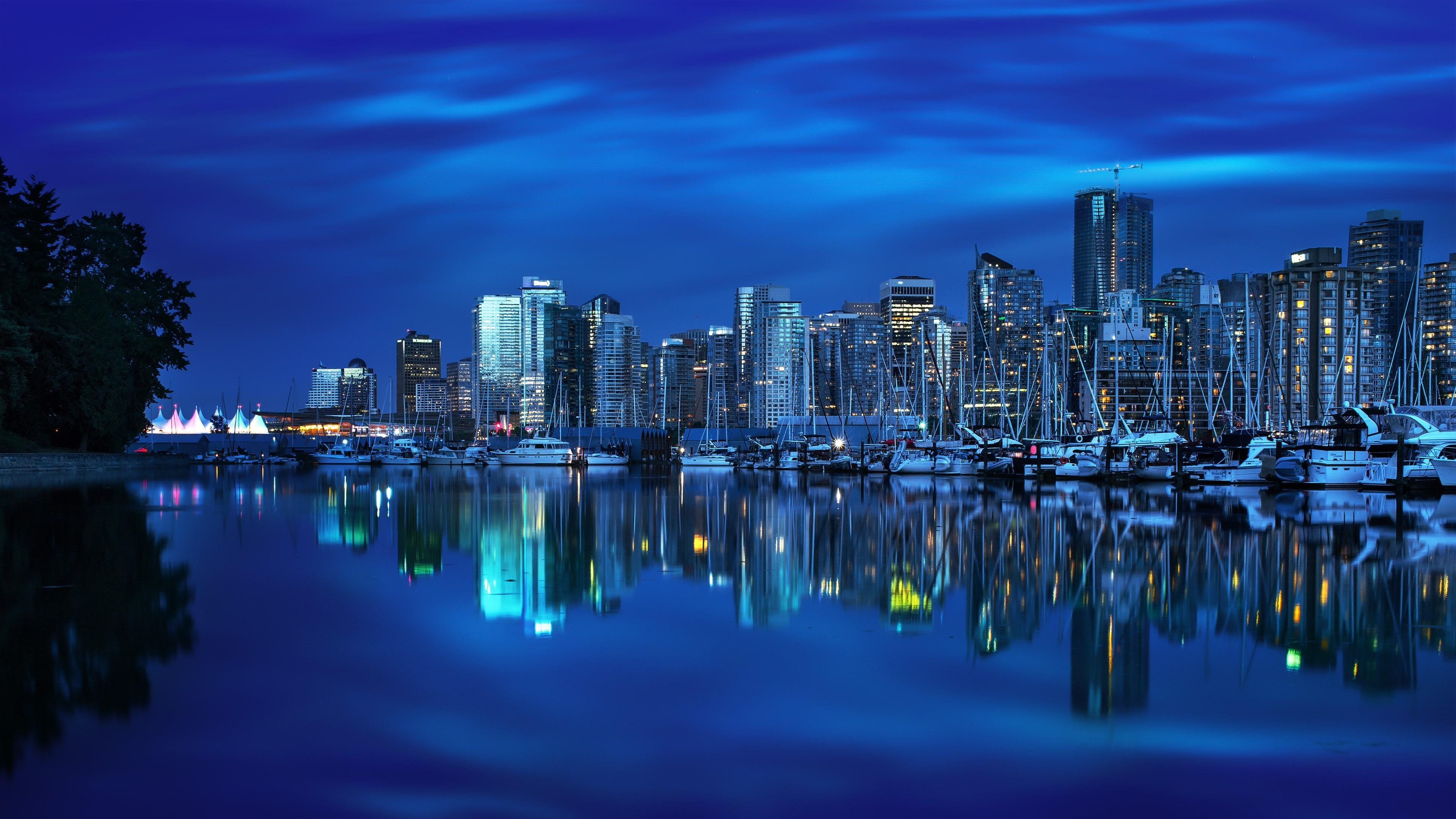 water, north america, british columbia, cityscape, dusk, coal harbour, 4K, metropolis, canada, sky, reflection, downtown, bluish, metropolitan area, city, HD Wallpaper