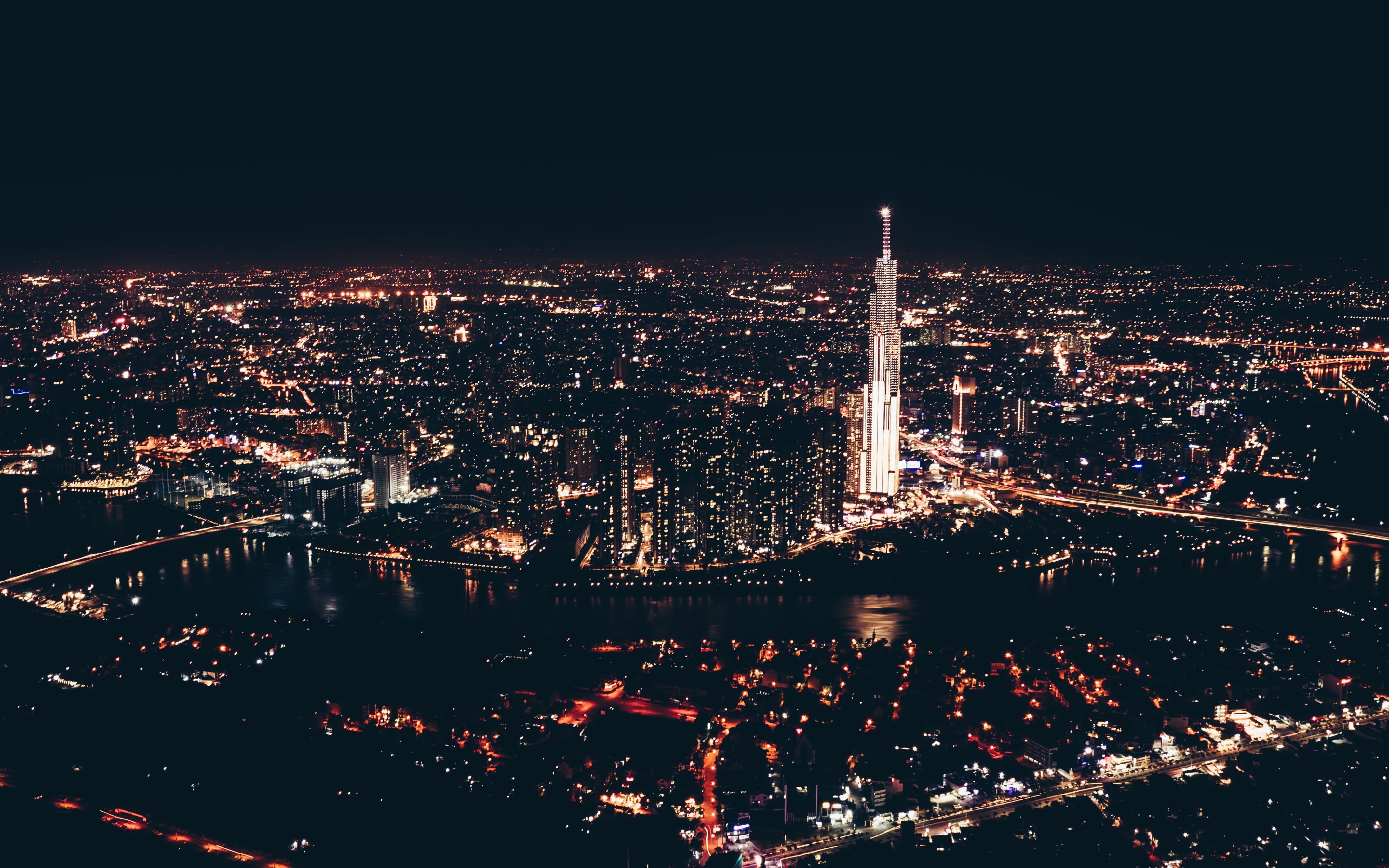 urban, water, aerial, vietnam, skyscraper, outdoors, spire, built structure, nature, night, landmark 81, 4K, town, sky, landscape, architecture, tower, HD Wallpaper