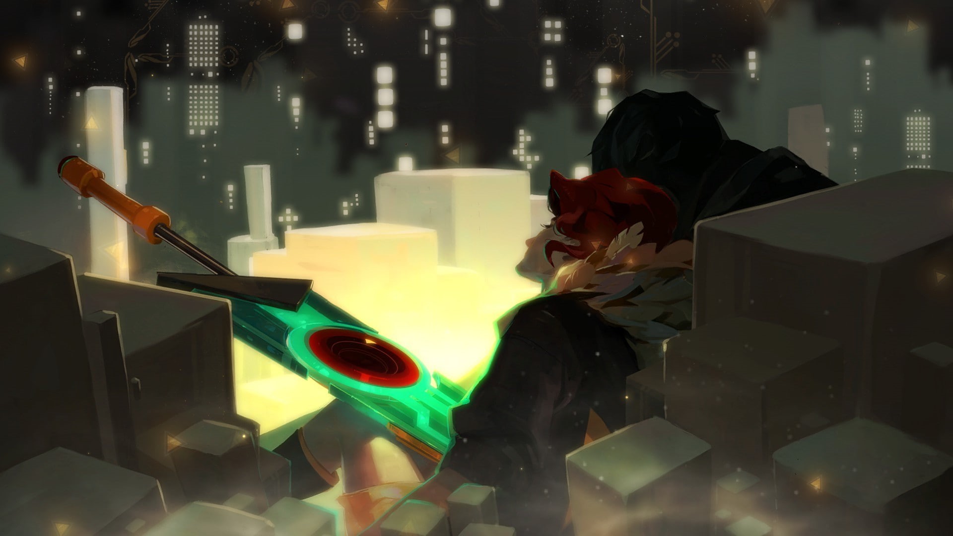 adult, sitting, multi colored, Red (Transistor), video games, waist up, illuminated, lifestyles, desk, table, indoors, science fiction, men, one person, HD Wallpaper