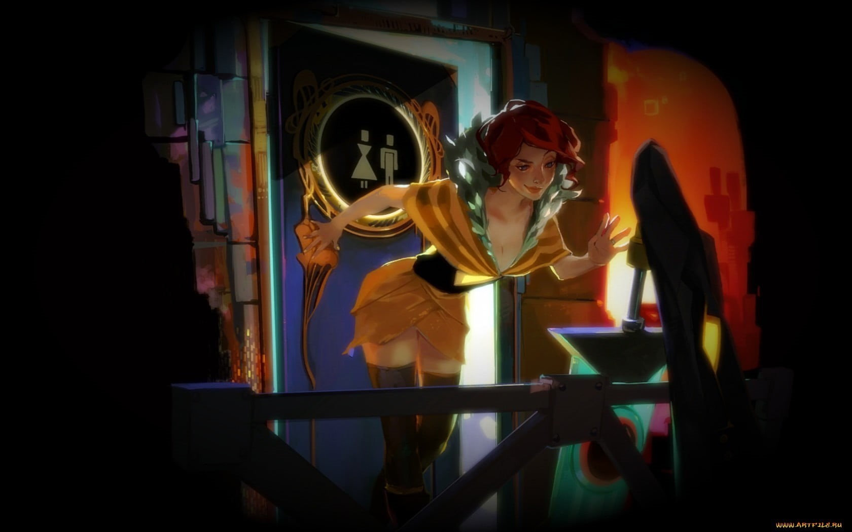 video games, built structure, adult, Transistor, night, cartoon, female likeness, indoors, human representation, three quarter length, arts culture and entertainment, HD Wallpaper