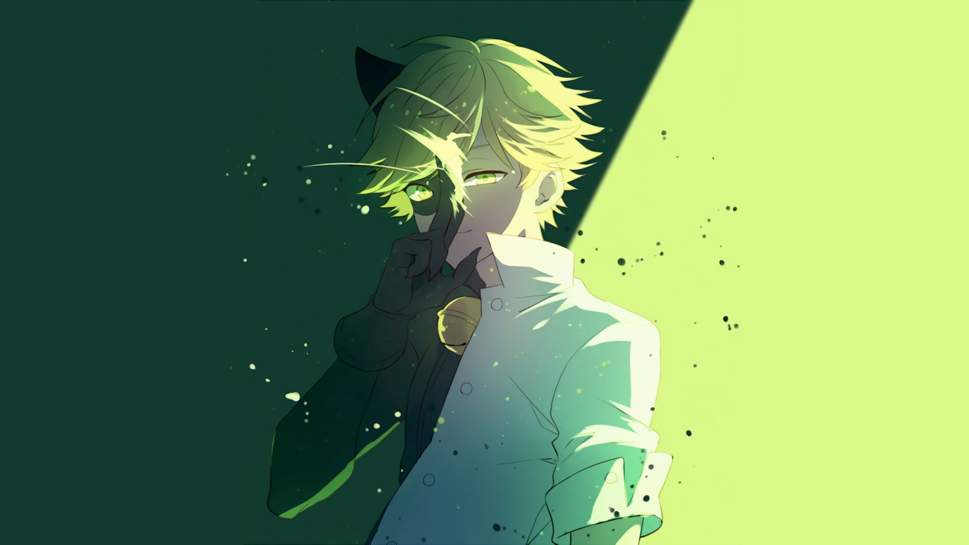 colored background, motion, waist up, standing, one person, built structure, Cat Noir (Miraculous Ladybug), abstract, creativity, green color, young adult, HD Wallpaper