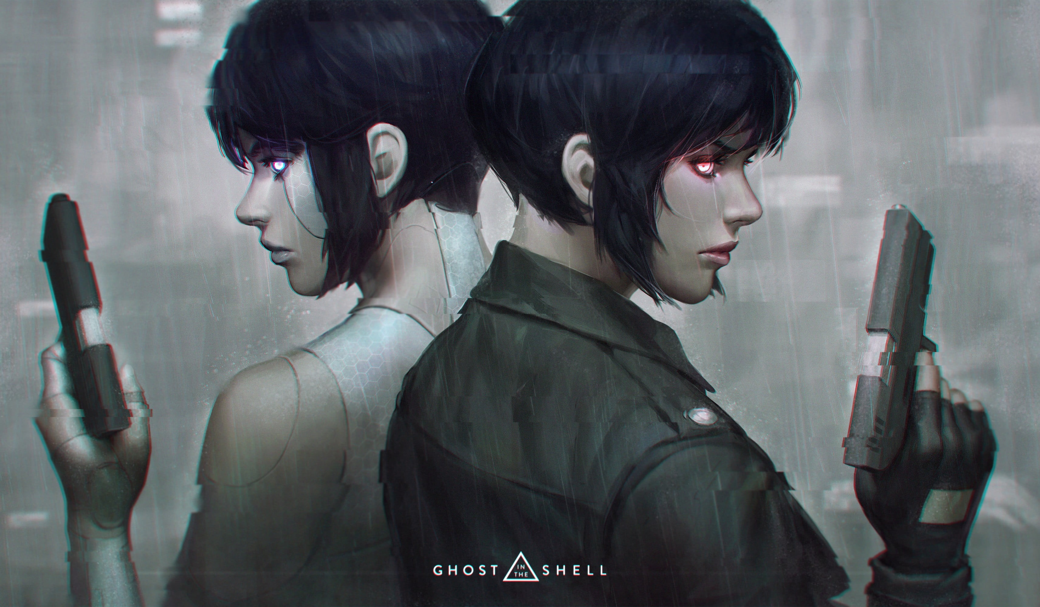 red eyes, hairstyle, two, rain, Ghost in the Shell, glasses, black color, young adult, beautiful woman, brown hair, beauty, blue eyes, knife - weapon, sign, HD Wallpaper