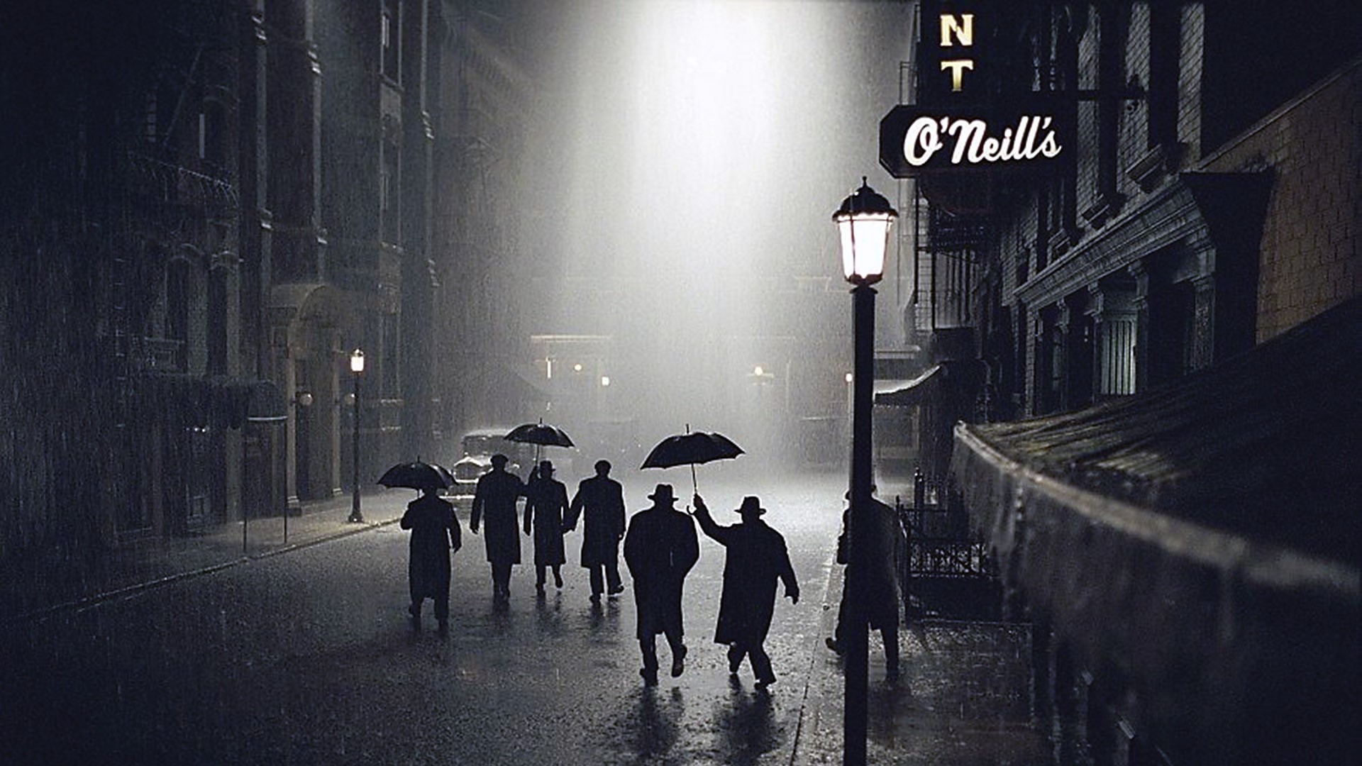 people, 1080P, lantern, night, Road to Perdition, rain, noir, umbrella, street, HD Wallpaper
