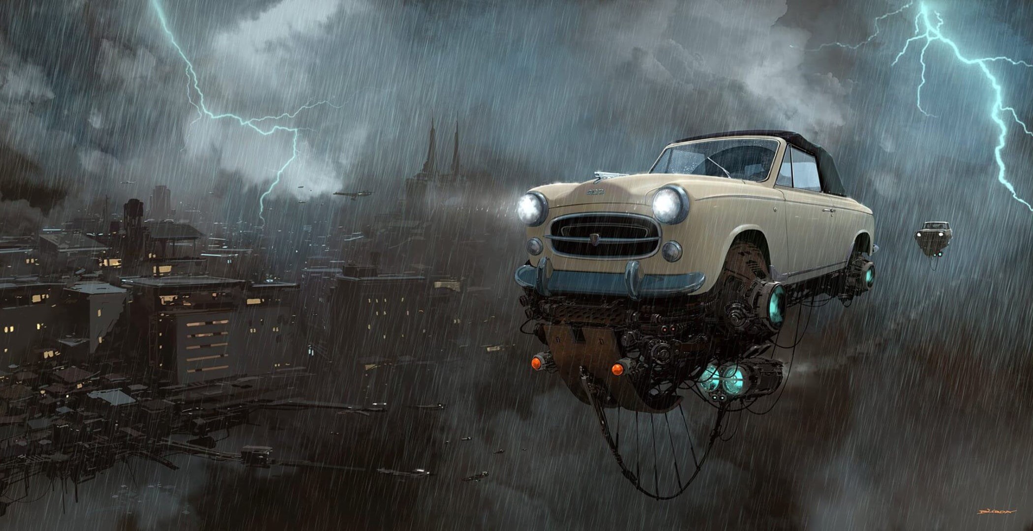 Drawing, The shower, Flying machine, Flying machines, Lightning, Flying buildings, The sky, The city, Automobiles, This moment, The universe of junk, World, HD Wallpaper