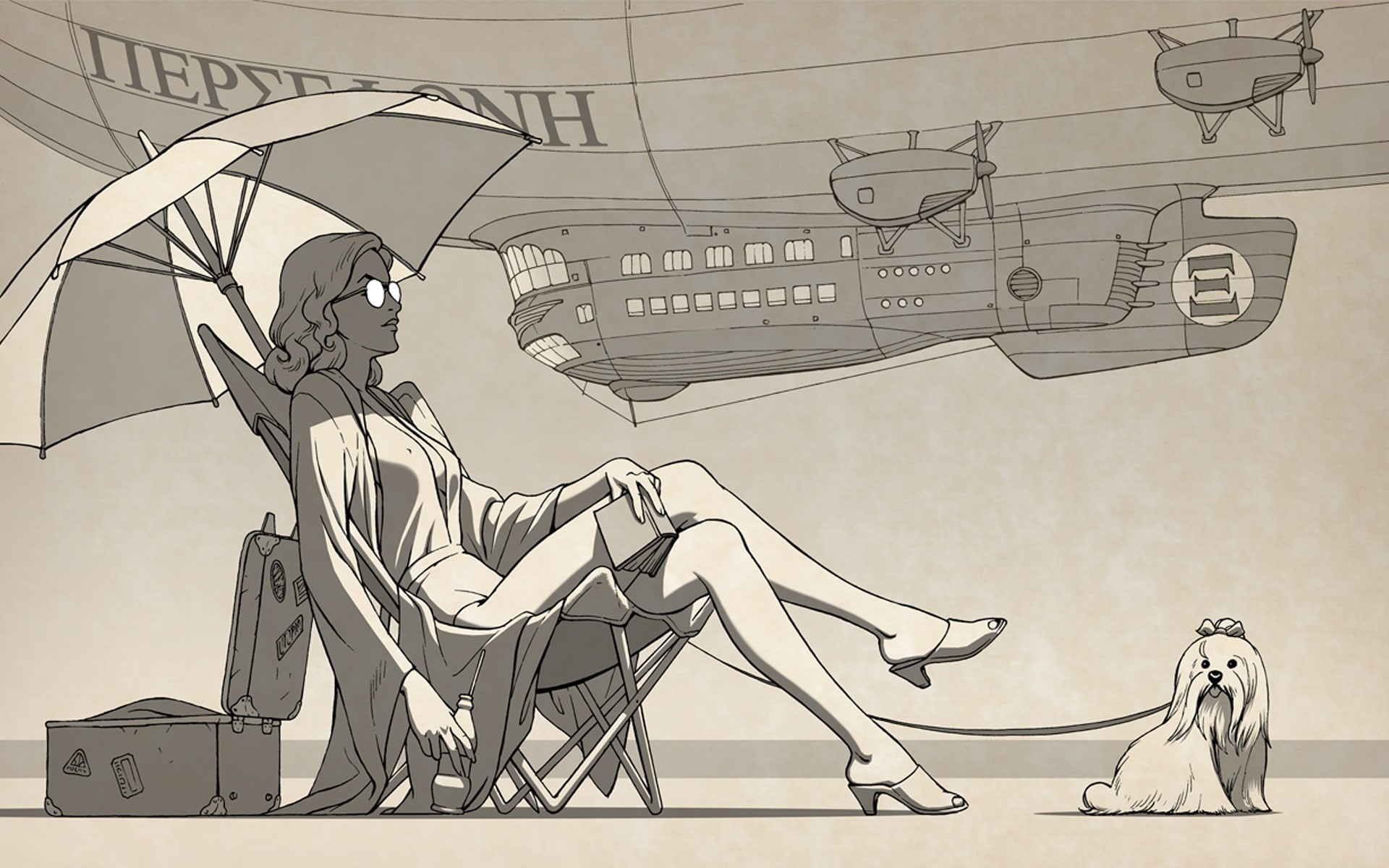 art, vehicles, females, umbrella, Airship, Dieselpunk, women, Retrofuture, 1080P, Girls, Futuristic, Steampunk, HD Wallpaper
