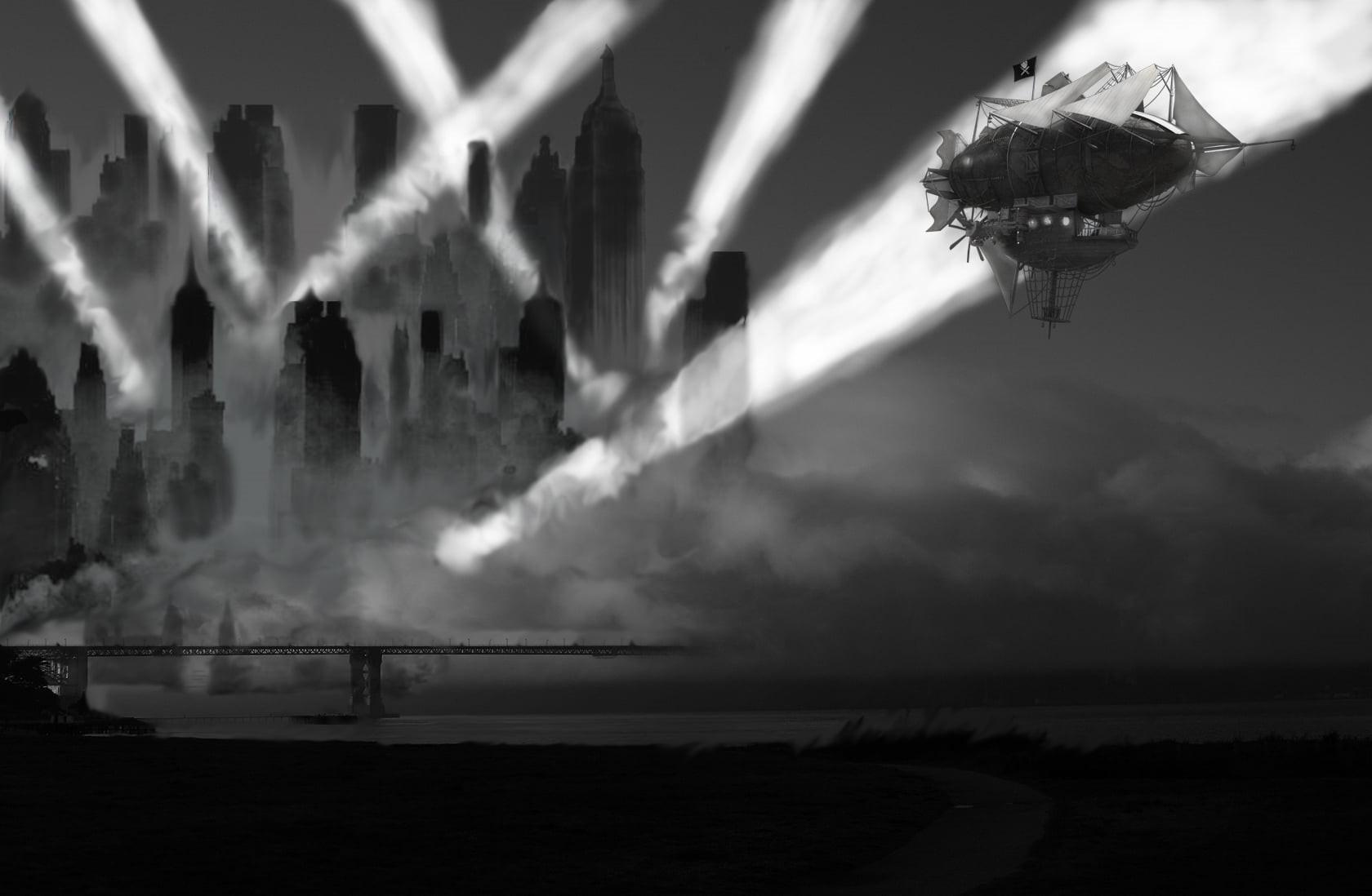 mist, city, airships, steampunk, dieselpunk, spotlights, 720P, HD Wallpaper
