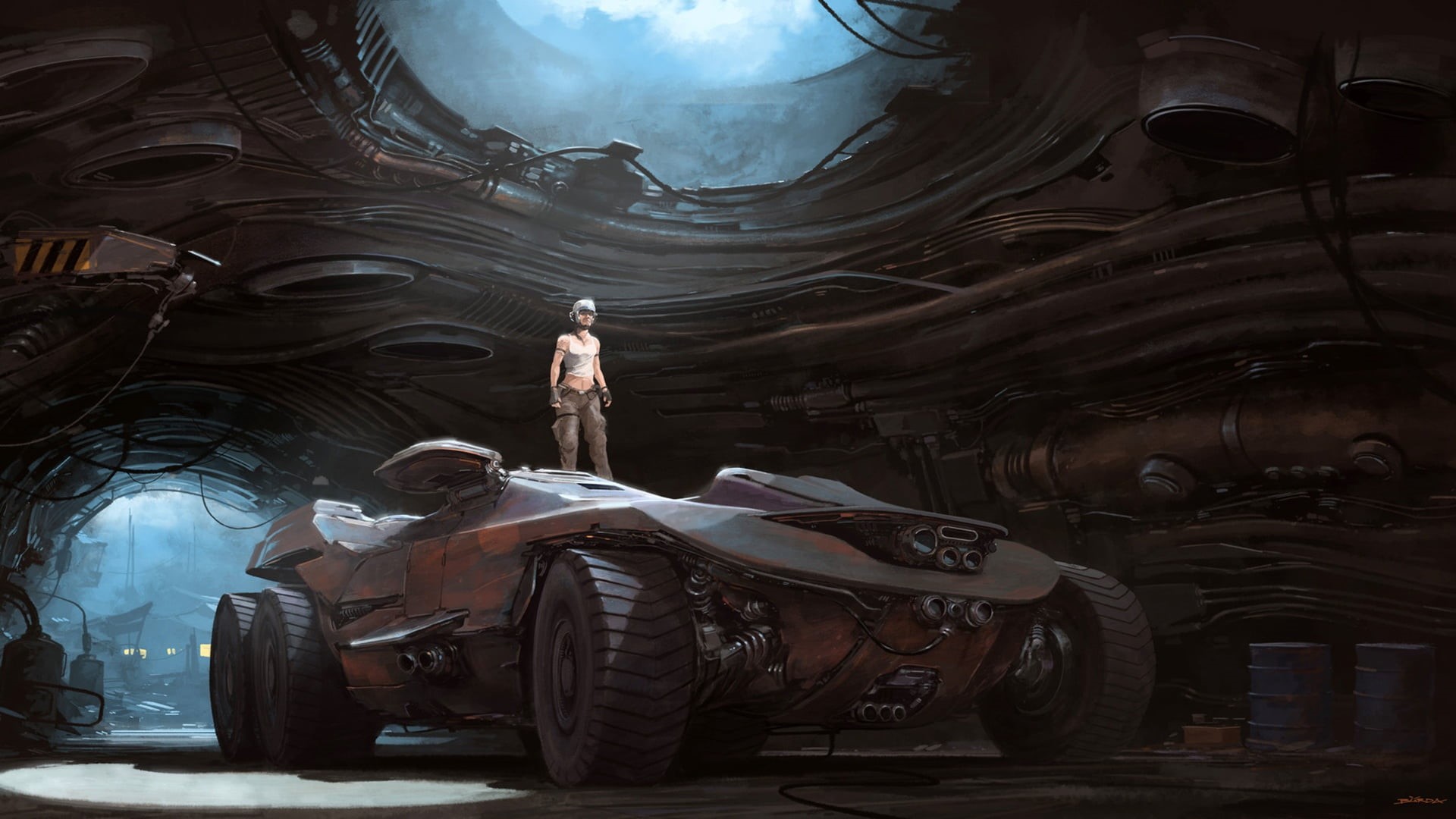 People, Auto, Fiction, This moment, Art, Machine, Alejandro Burdisio, by Alejandro Burdisio, Hangar, Dieselpunk, Transport, Science Fiction, Technique, HD Wallpaper
