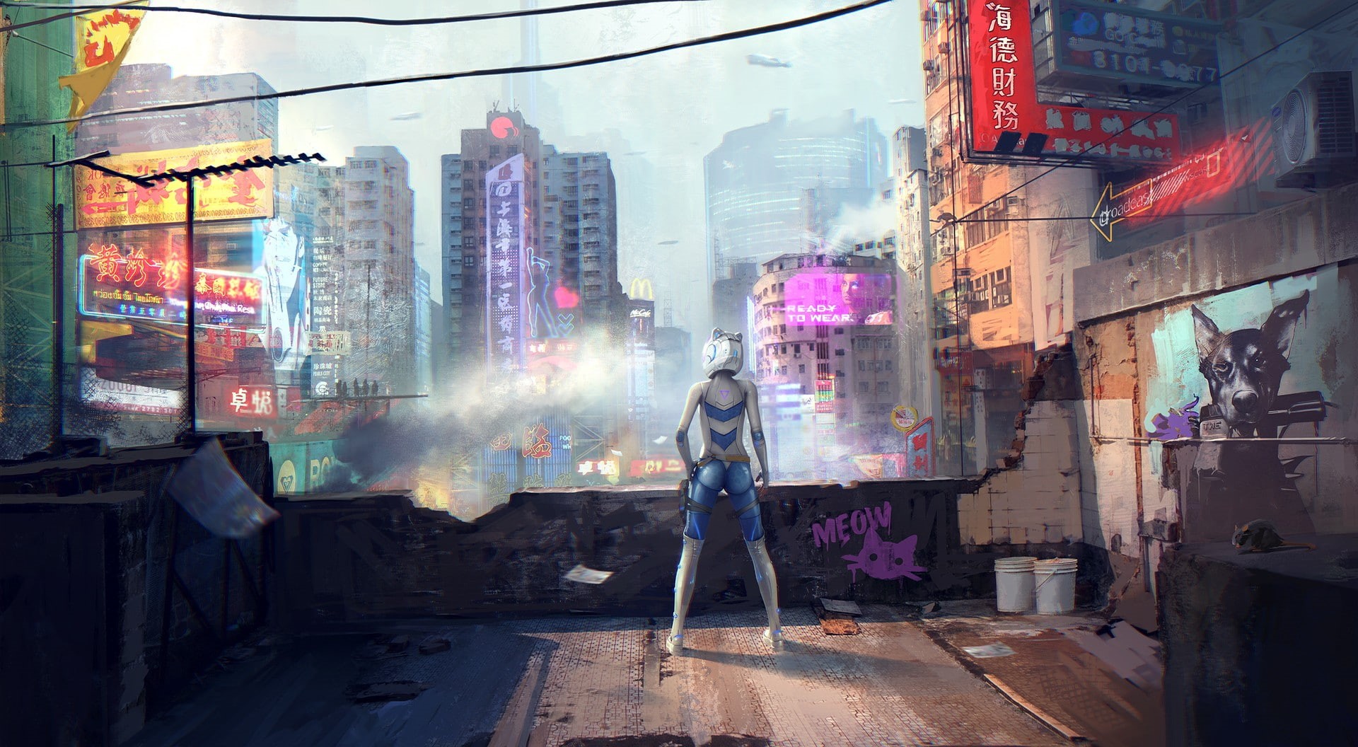 futuristic, cyberpunk, bodysuit, artwork, 1080P, science fiction, Sergey Zabelin, digital art, graffiti, helmet, HD Wallpaper