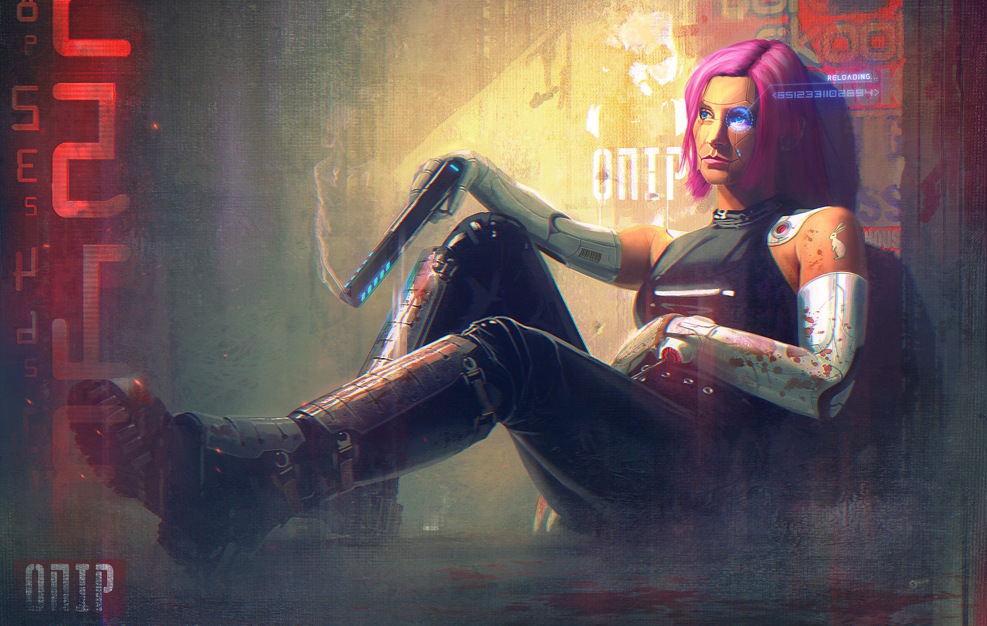 1080P, text, Sergey Zabelin, Pink Hair, face, Futuristic, digital art, Long Hair, boots, cyborg, blue eyes, sitting, women, numbers, drawing, gun, Girls, HD Wallpaper