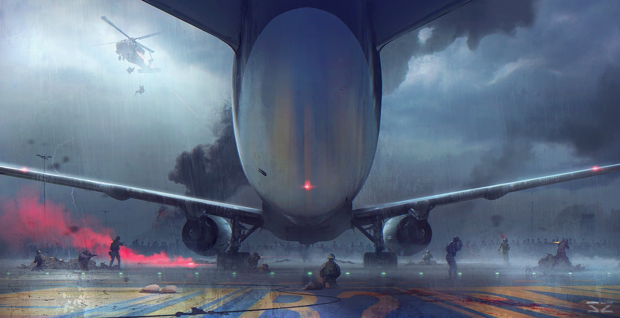 digital art, 1080P, Sergey Zabelin, airplane, zombies, airfield, war, artwork, HD Wallpaper