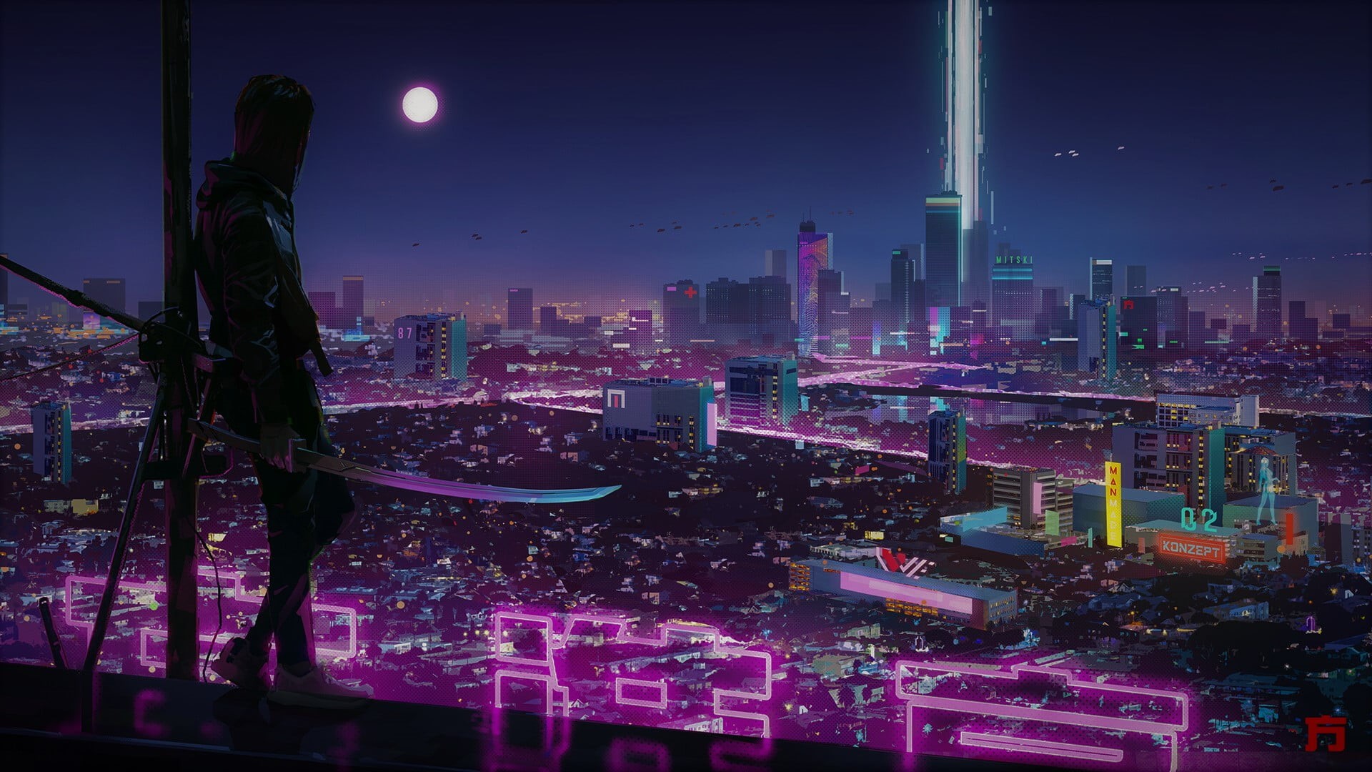 digital, futuristic, city, neon, cyber, 1080P, technology, HD Wallpaper