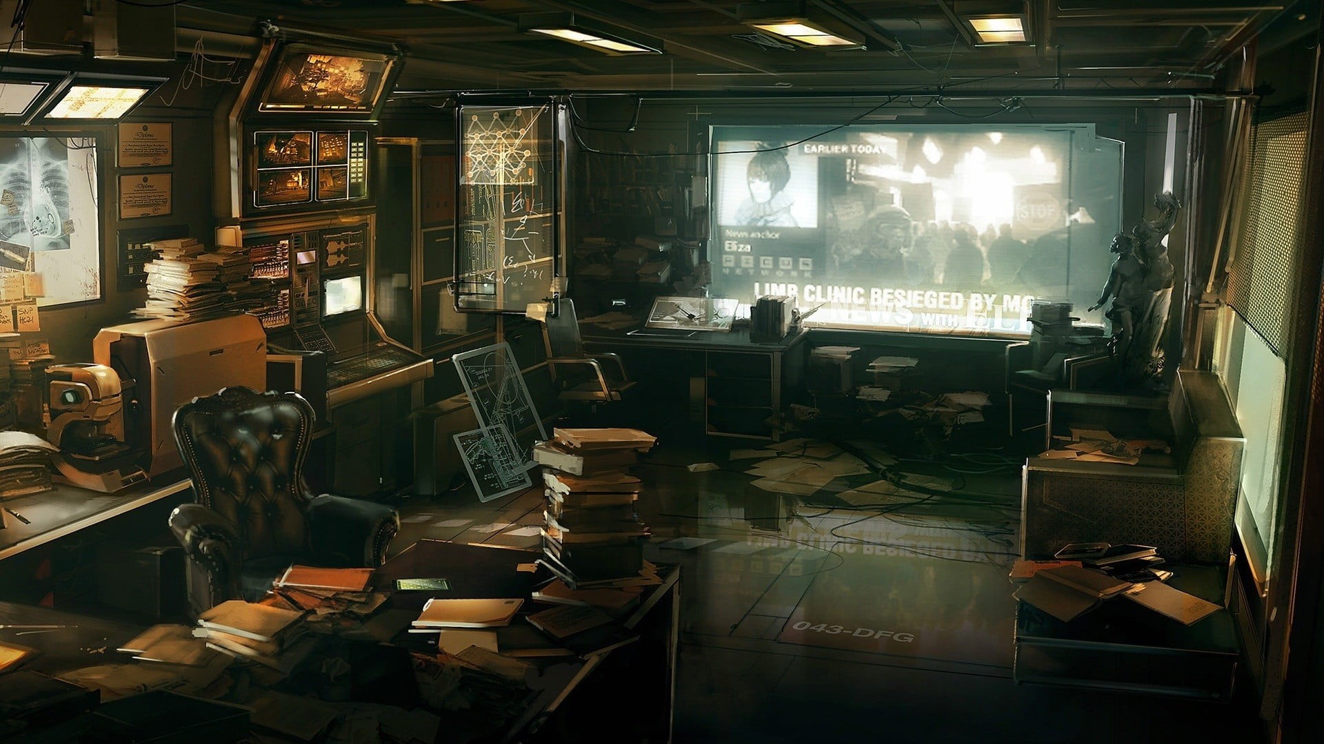 video games, Deus Ex, business, Deus Ex: Human Revolution, glass - material, futuristic, day, publication, illuminated, mirror, desk, chair, seat, large group of objects, HD Wallpaper