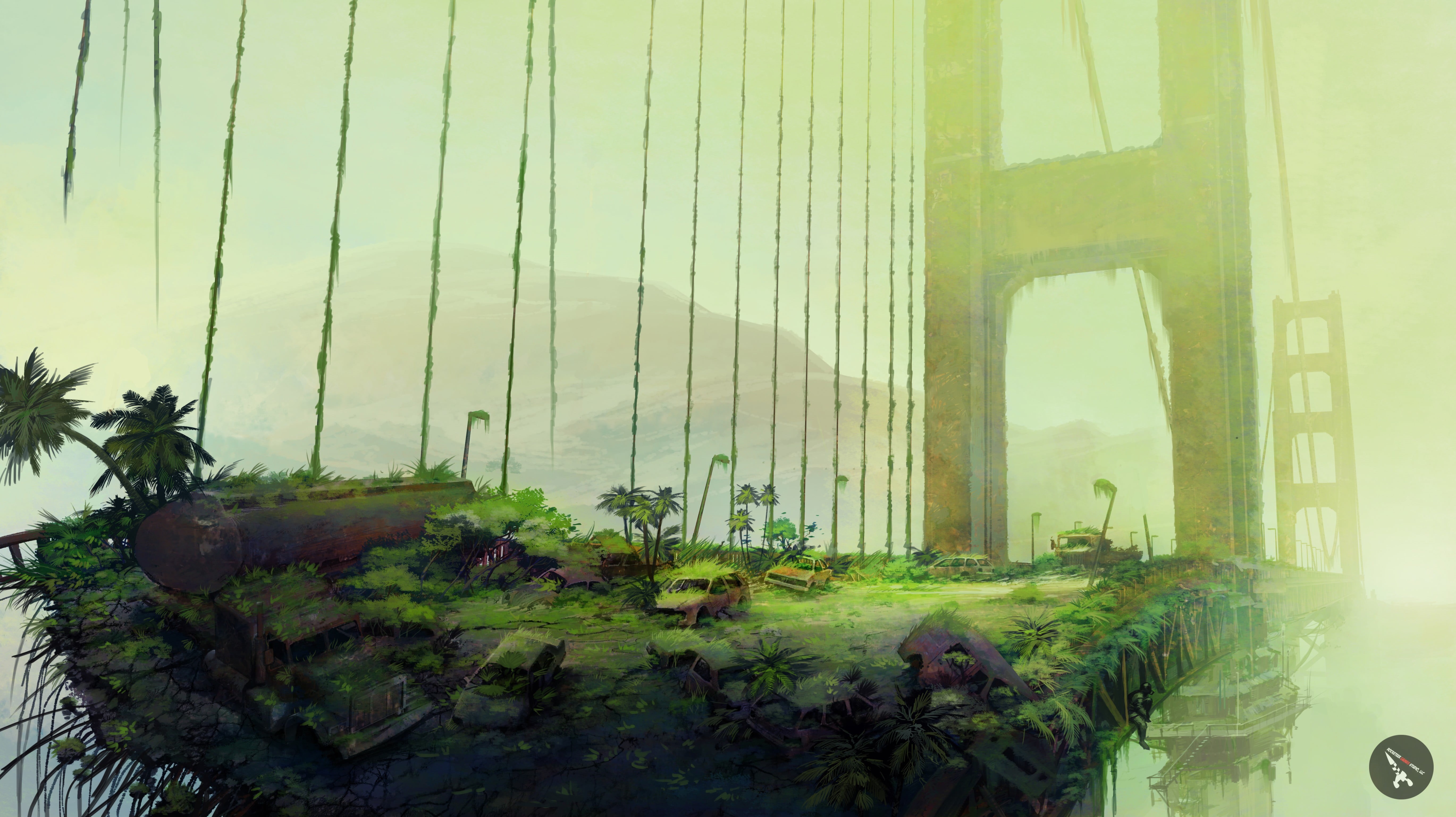 tree, architecture, no people, green color, sky, golden, apocalyptic, nature, metal, state, transportation, Truck, built structure, grass, artwork, Golden Gate Bridge, HD Wallpaper