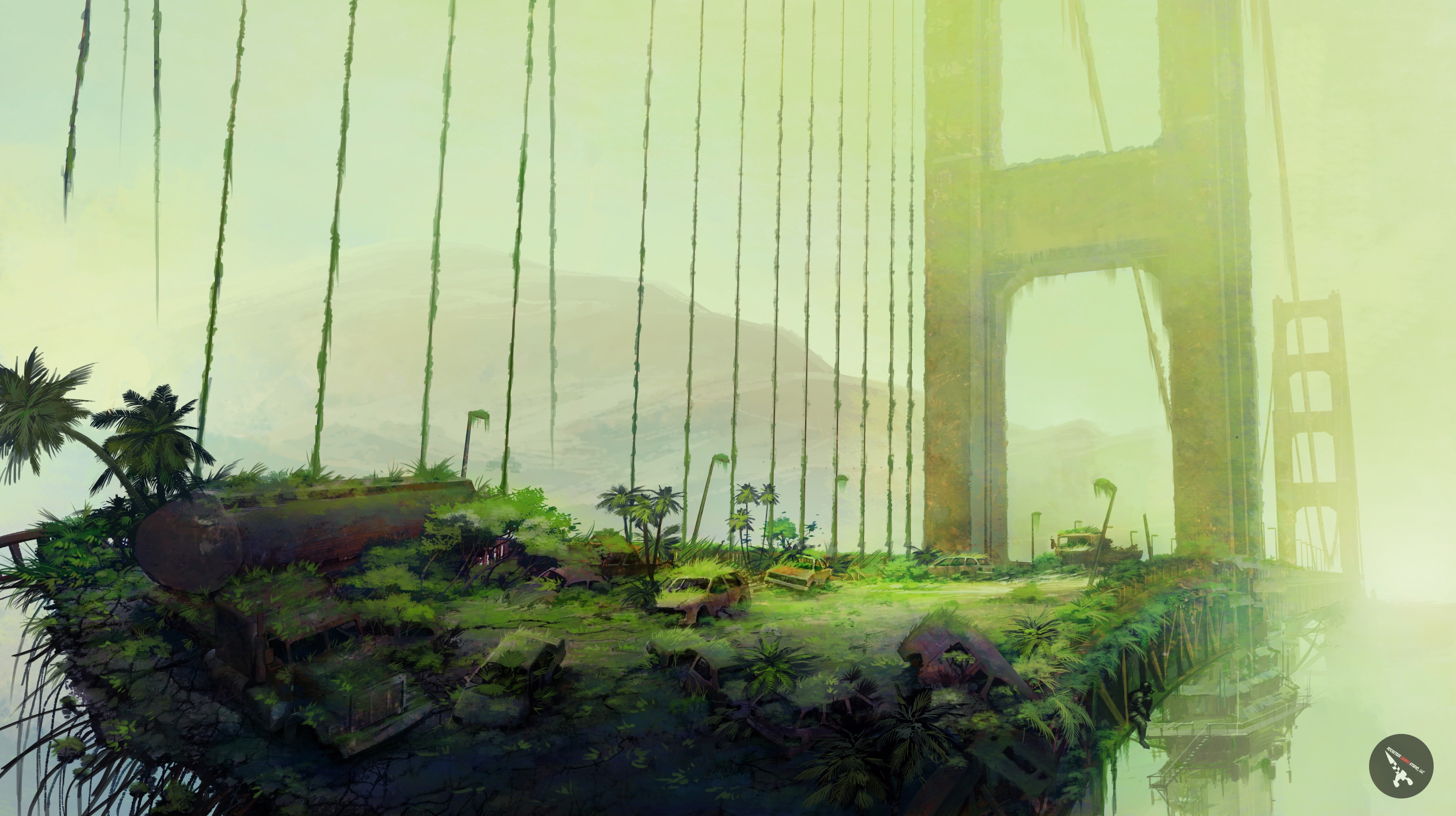 Truck, dystopic, forest, apocalyptic, futuristic, artwork, 5K, Golden Gate Bridge, green, nature, HD Wallpaper