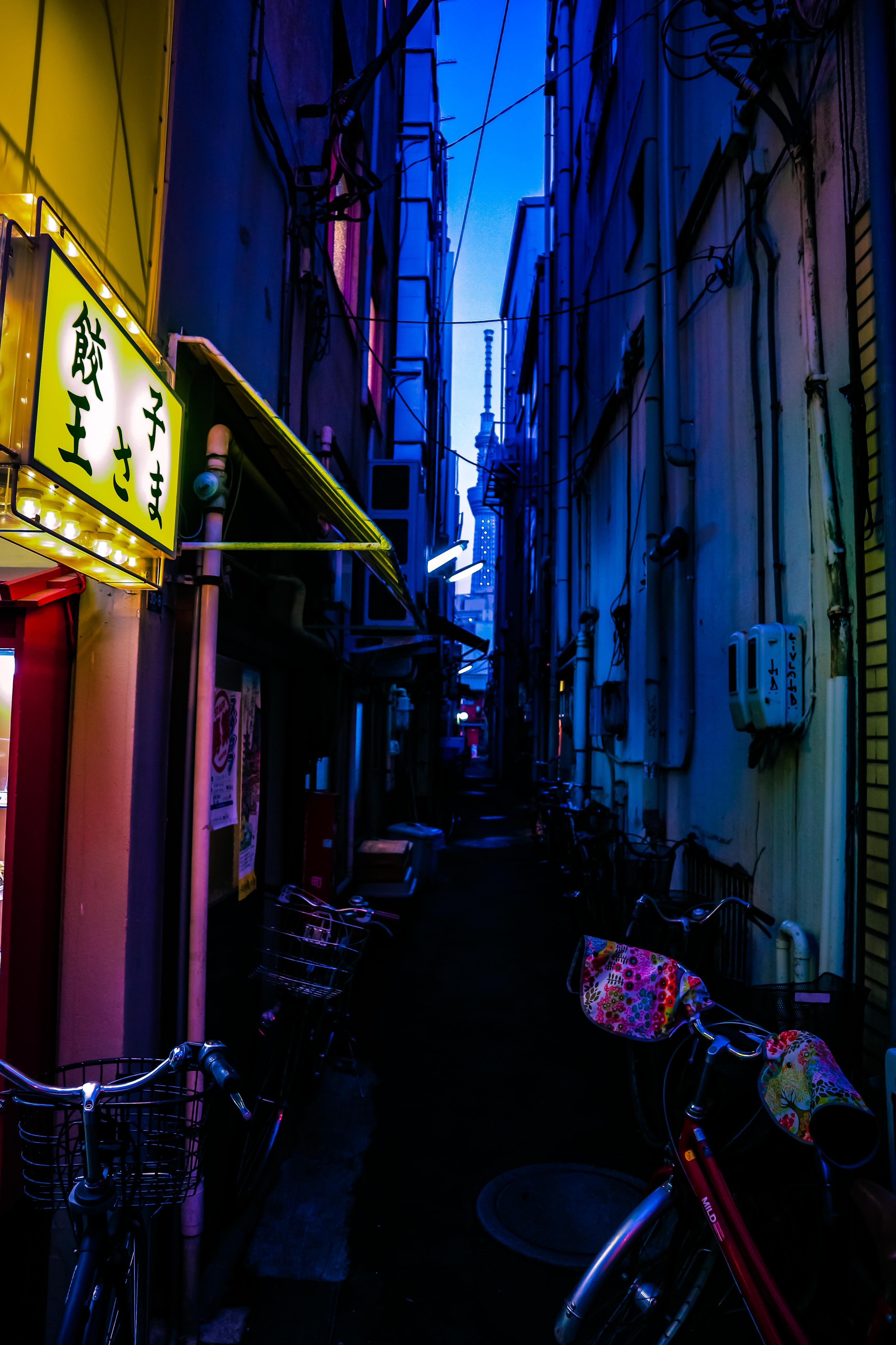 lights, footpath, alley, building, communication, tokyo tower, direction, night, transportation, script, 5K, sign, built structure, street, city, neo tokyo, Phone HD Wallpaper