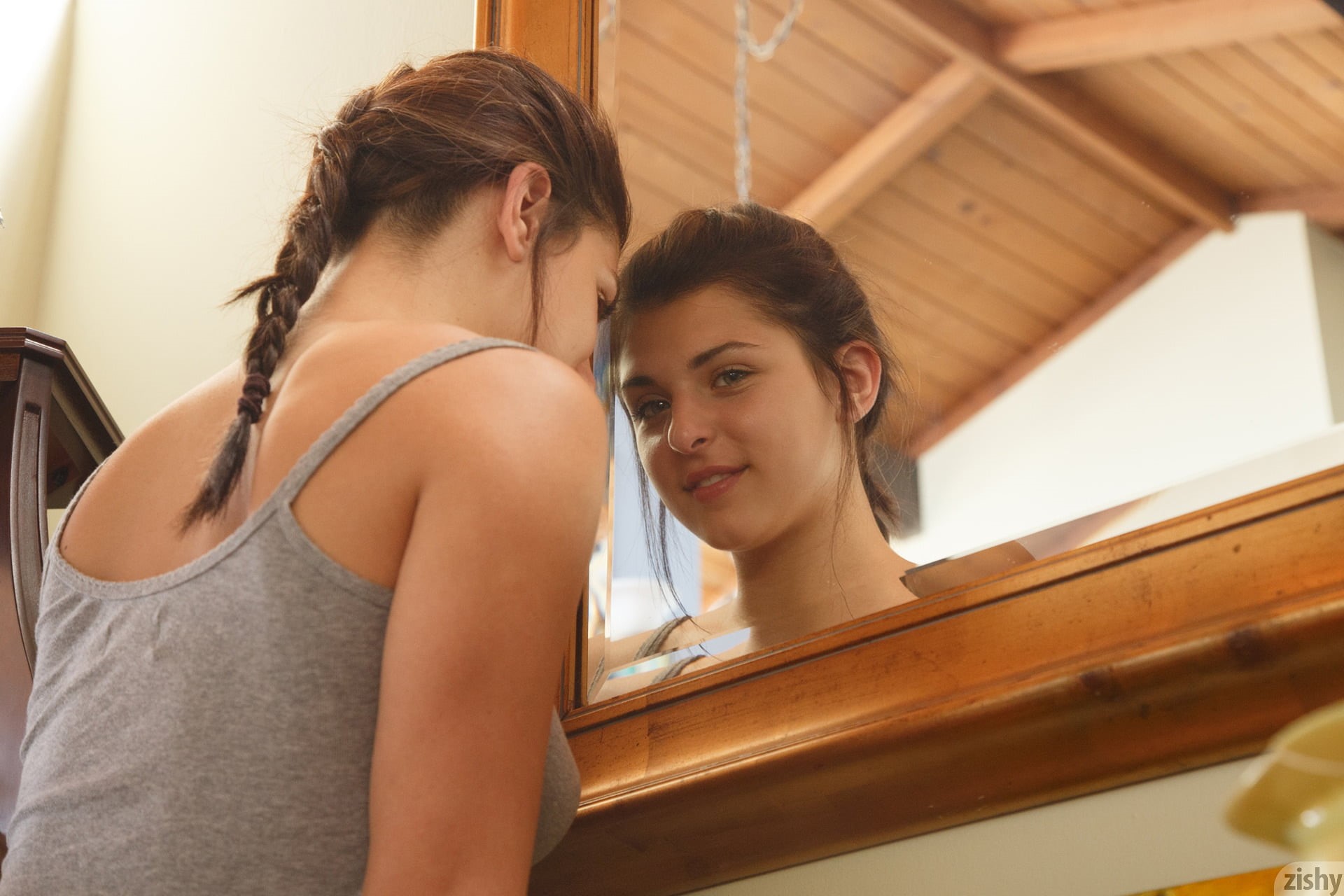 teenager, indoors, tank top, young adult, gray, brunette, reflection, beauty, women, portrait, Braided hair, hairstyle, Leah Gotti, smiling, people, brown hair, HD Wallpaper