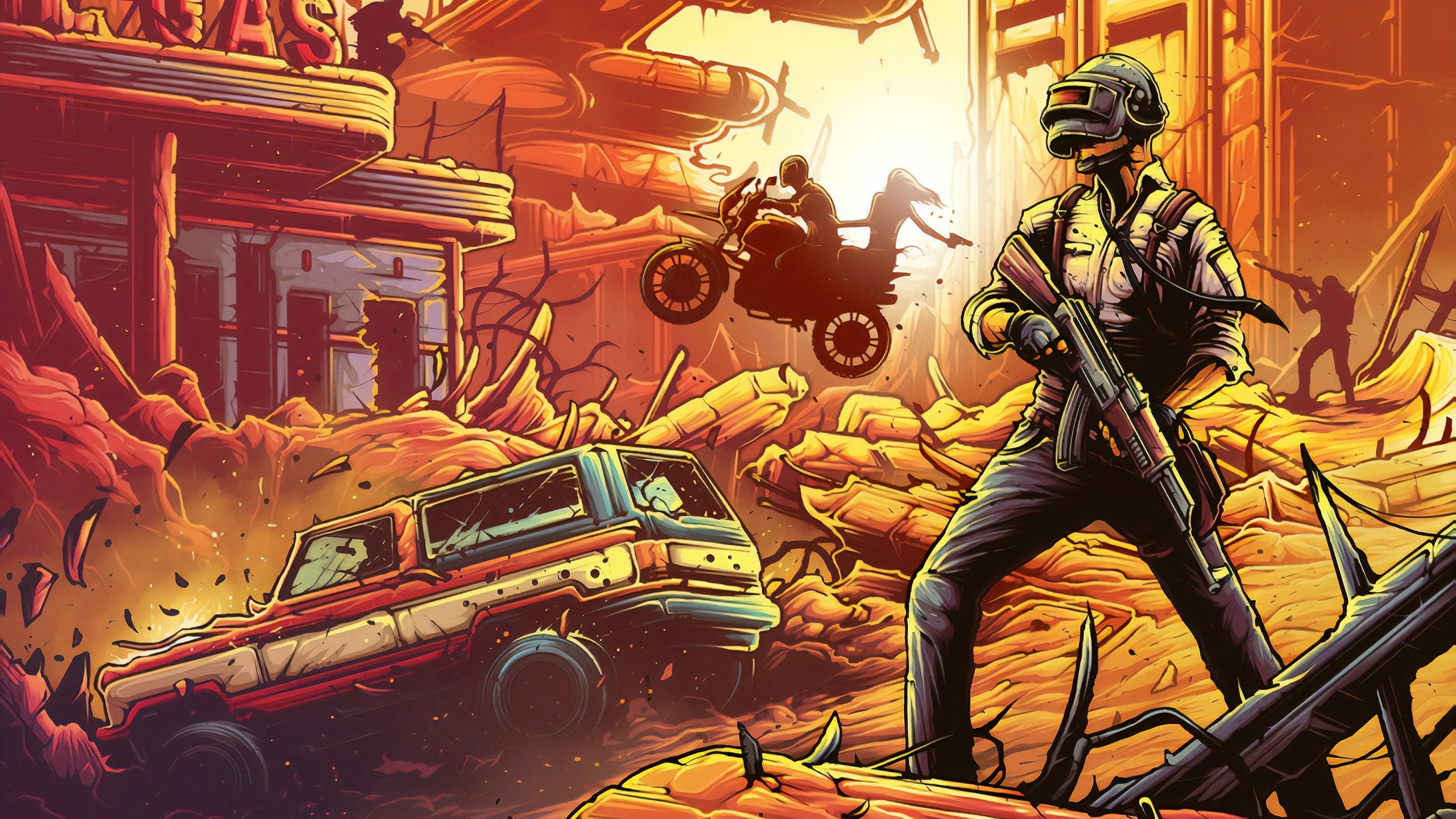AK-47, PUBG, artwork, motorcycle, weapon, Player Unknown Battleground, helmet, 2K, digital art, car, video games, war, HD Wallpaper